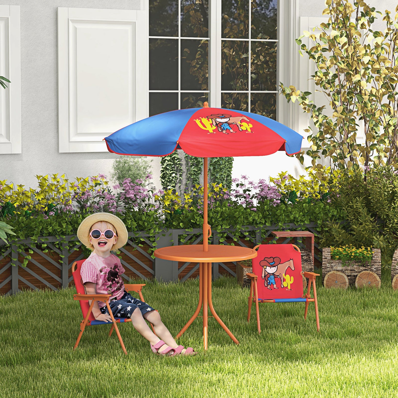 Kids Bistro Table And Chair Set W/ Cowboy Theme, Adjustable Parasol