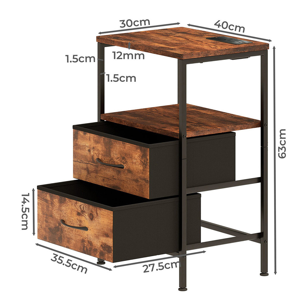 Led Bedside Table 2 Drawers Usb Ports Sofa End Table In Brown Black | Brown
