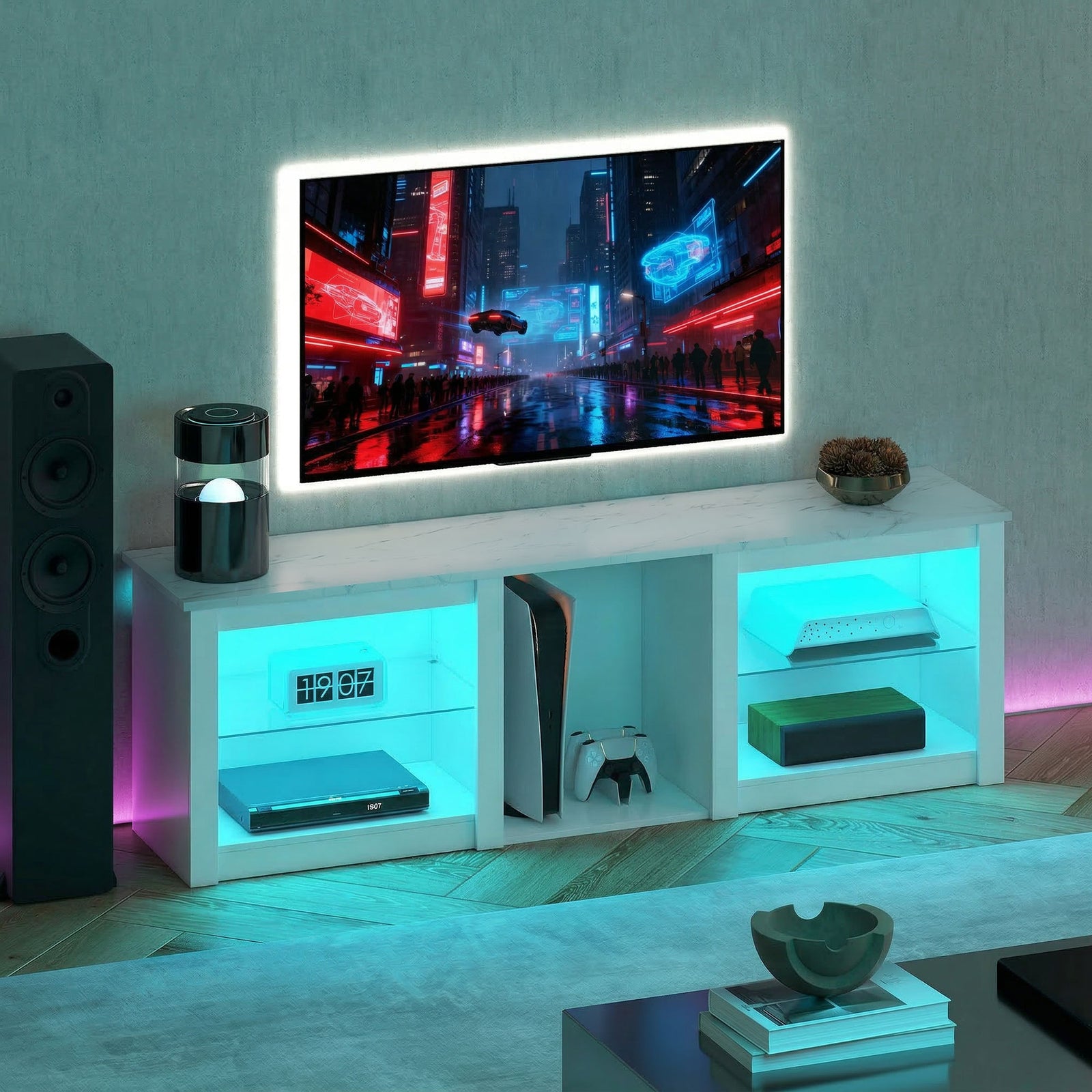 HOMCOM 160cm Tv Unit W/ Led Lights For 70" Tv Modern Tv Stand Cabinet Marble White