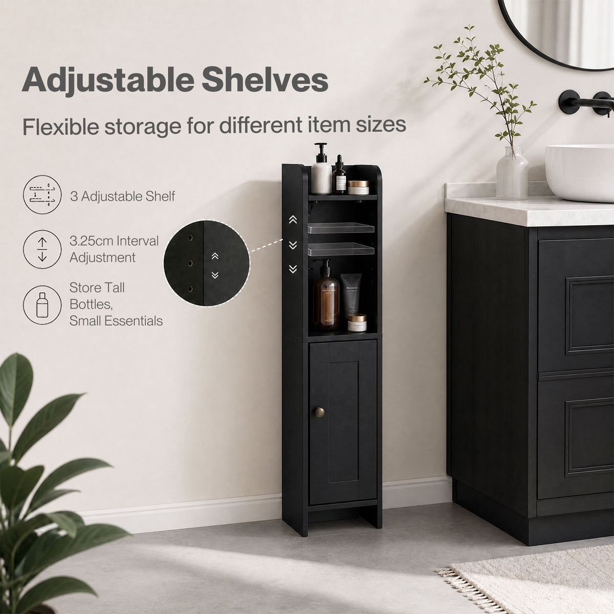 Bathroom Cabinet Slim Corner Storage Adjustable Shelves Pb Mdf | Black