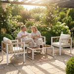 4 Seater Rattan Garden Furniture Set With Metal Frame, Cream White