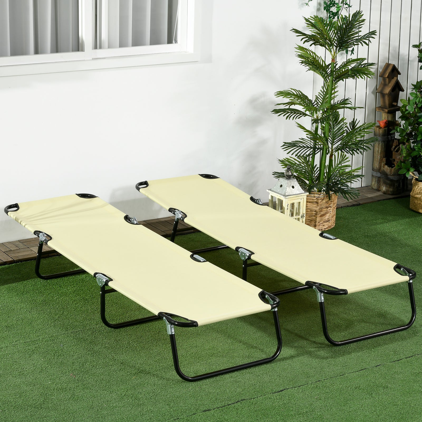 Folding Sun Loungers Set Of 2 With Adjustable Backrest | Beige