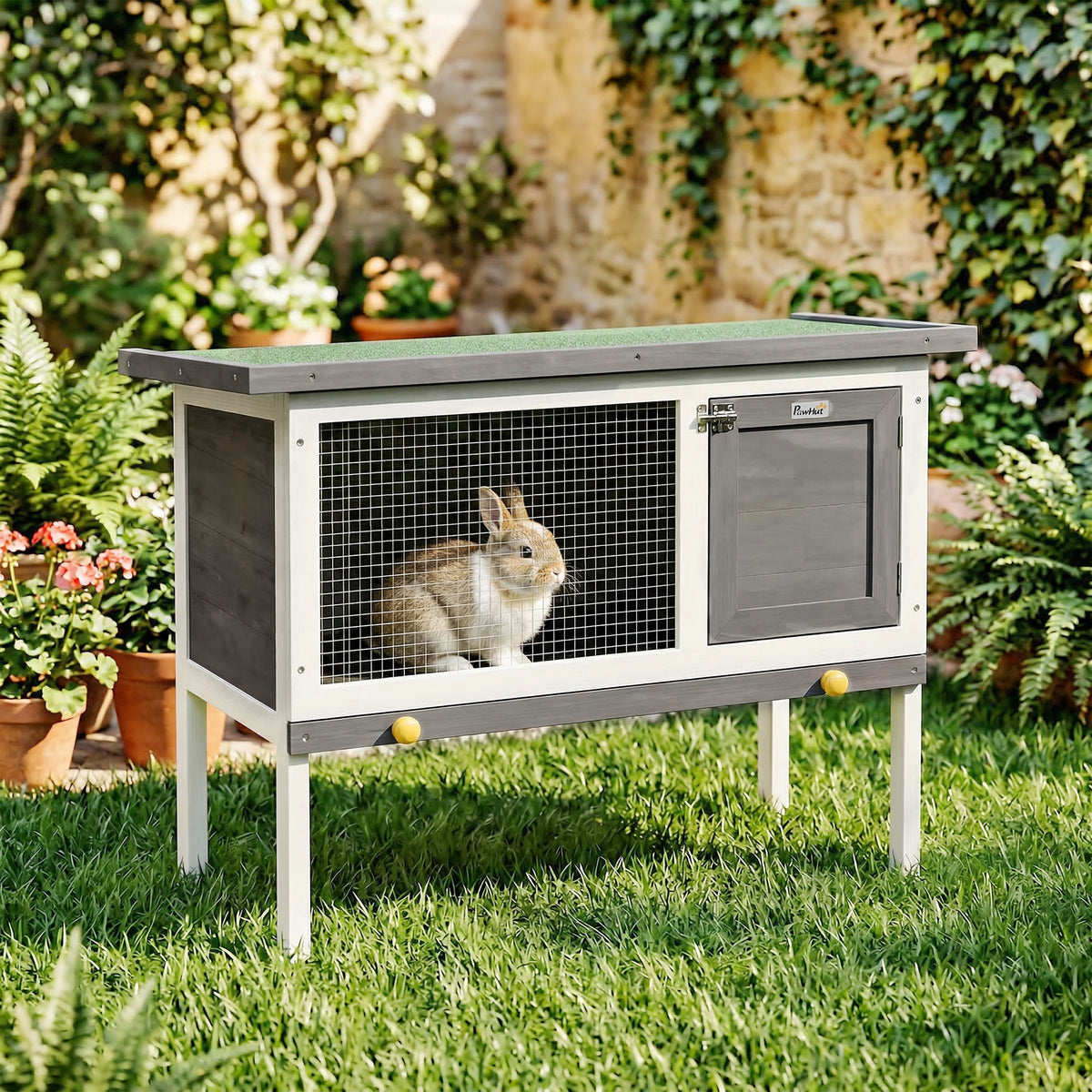 PawHut Rabbit Hutch, Guinea Pig Hutch Outdoor Cage With Asphalt Roof