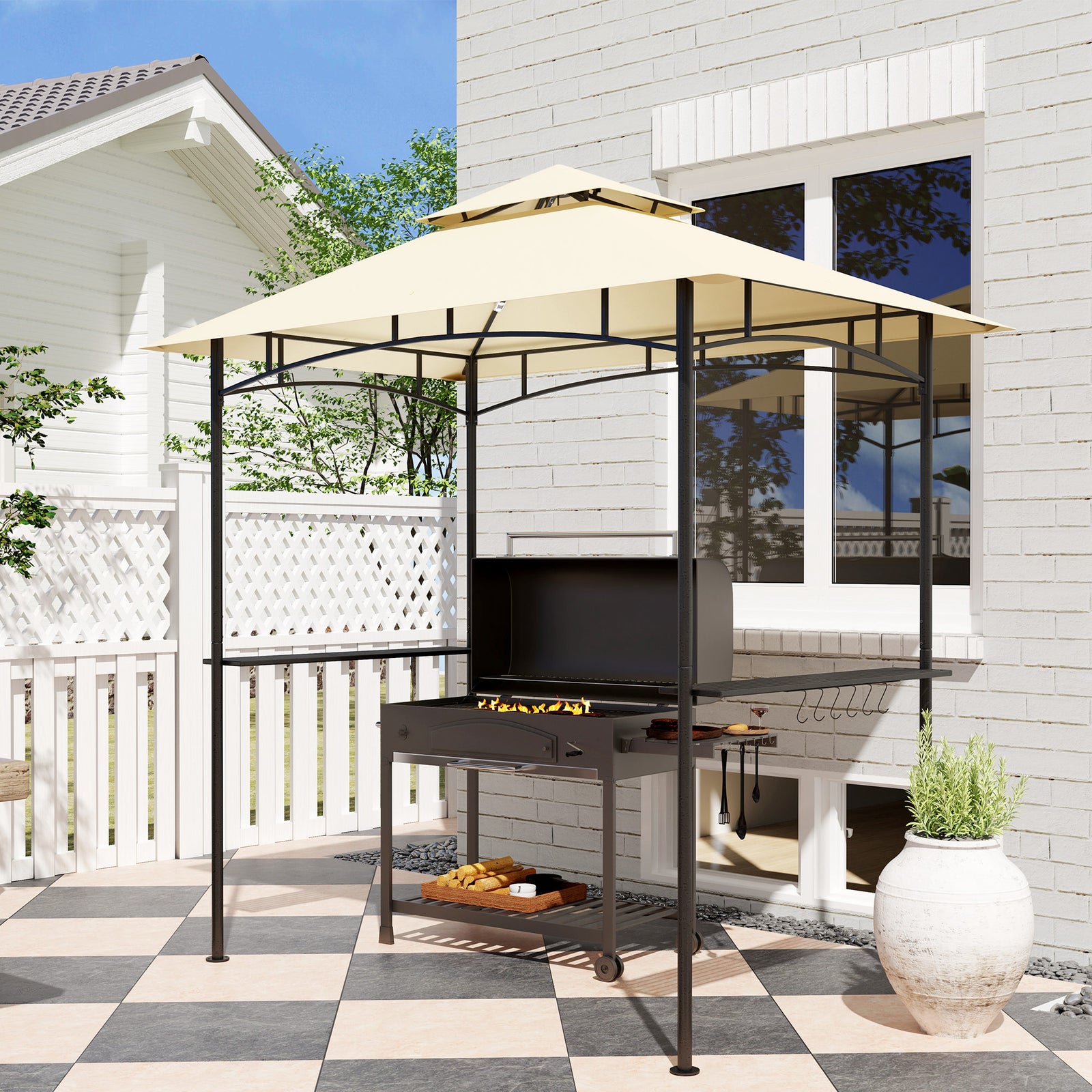 8' X 5' Grill Gazebo, Double Tiered Outdoor Bbq Shelter | Beige