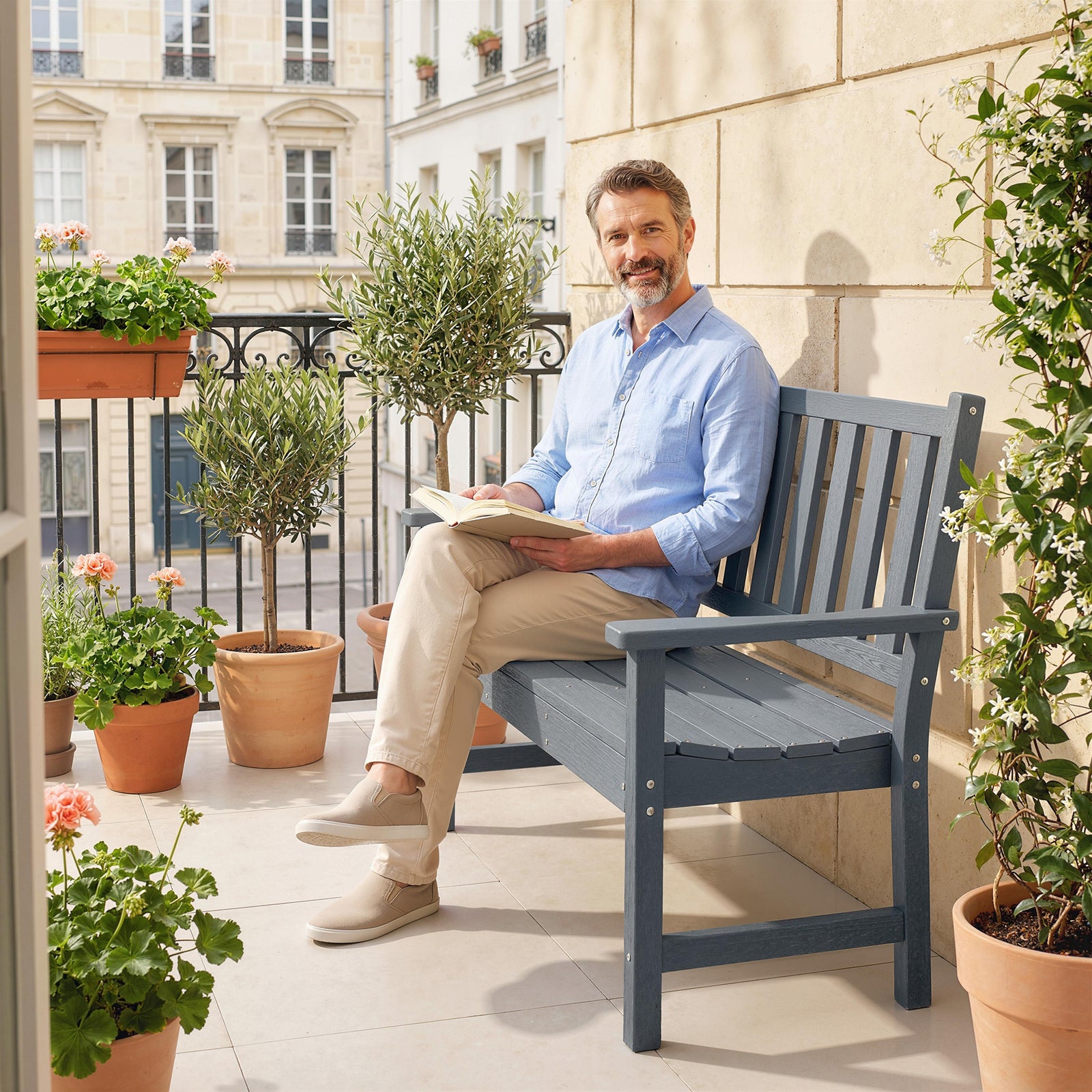 Outsunny 2 Seater Plastic Garden Bench, Outdoor Patio Furniture, Grey