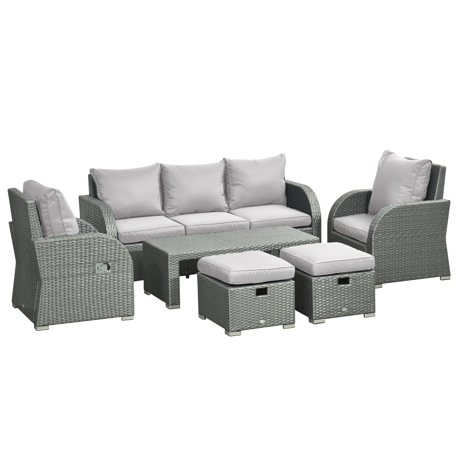 Cushioned Rattan Wicker Sofa, Recliner, Footstool, Table Set | Light Slate Gray