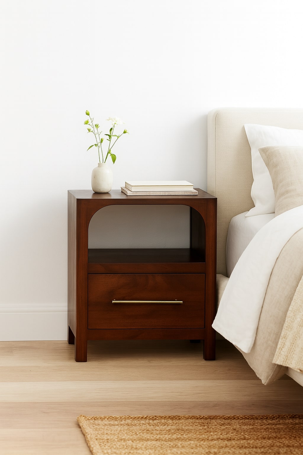 Arched Edge 1 Drawer and 1 Open Shelf Bedside, Warm Brown