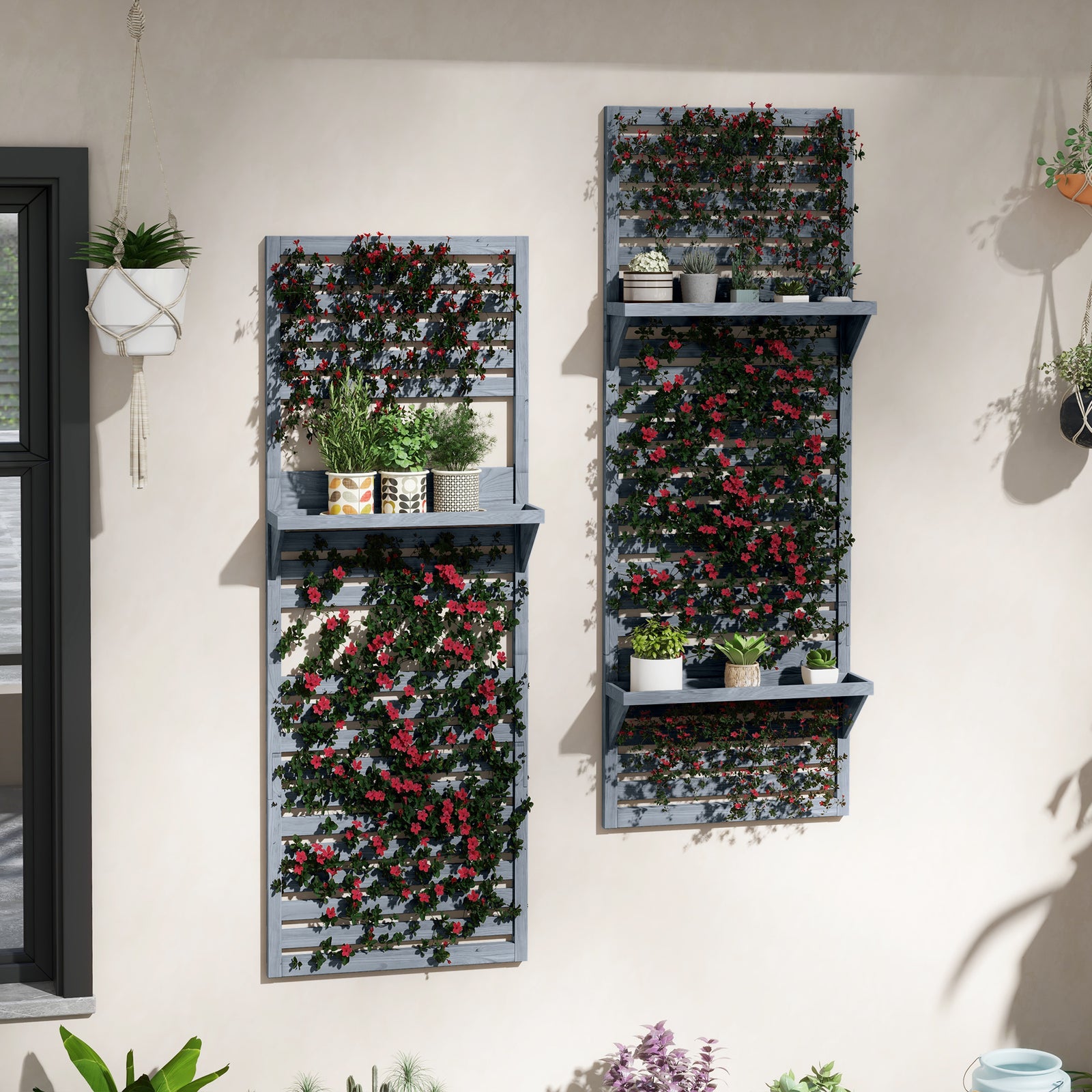 Wall Mounted Plant Stands Set Of 2 With Shelves And Trellis | Gray