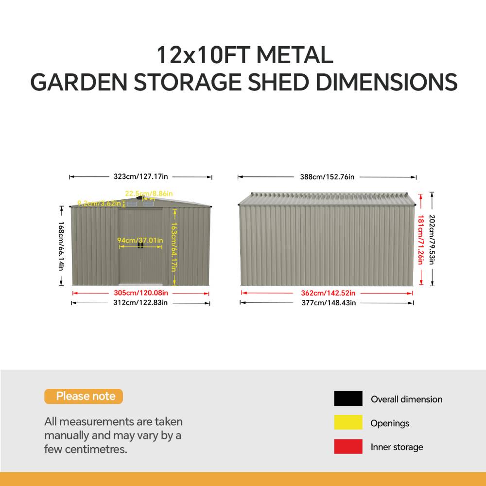 Breeins 12 x 10ft Outdoor Steel Garden Storage Shed with Foundation, Double Sliding Doors, 4 Vents, Large Storage House
