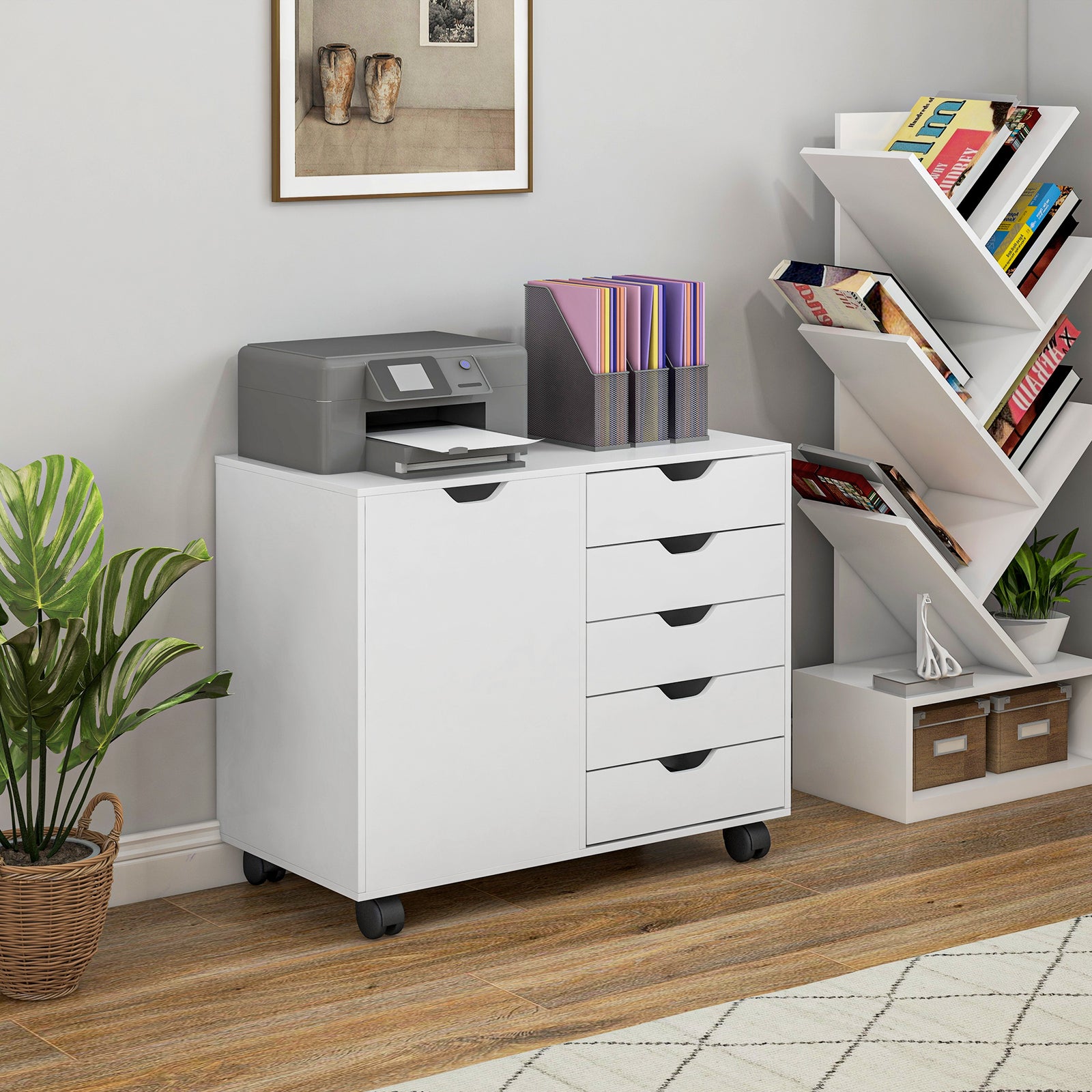 Modern Mobile 5-drawer Cabinet W/ Door, Office Storage