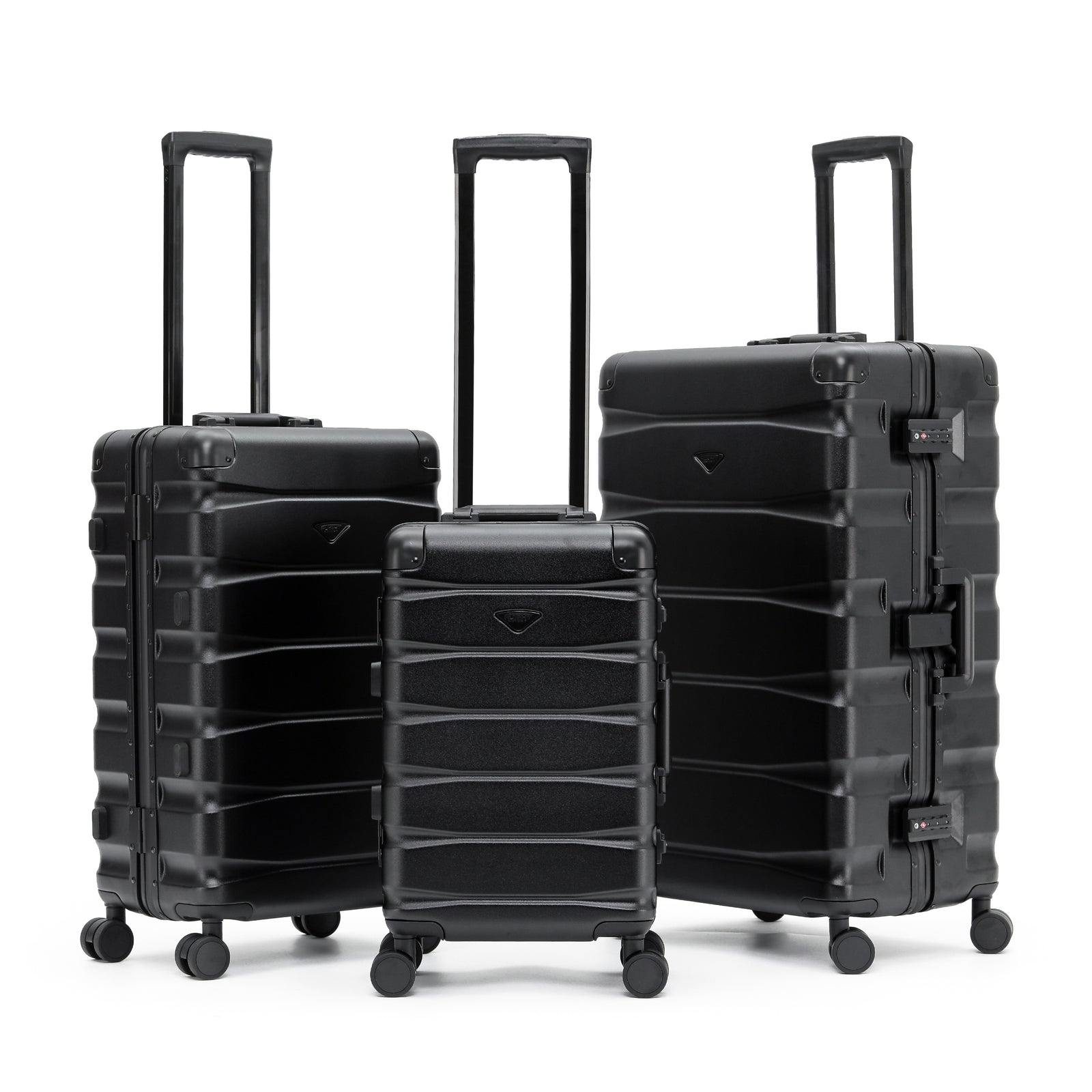 Set Of 3 Aluminium Frame/ABS Body Outer Cabin Carry & Check In Hold Luggage. Overhead Cabin Bag + Medium & Large Check-in Hold Suitcases | Set-of-3 | Black