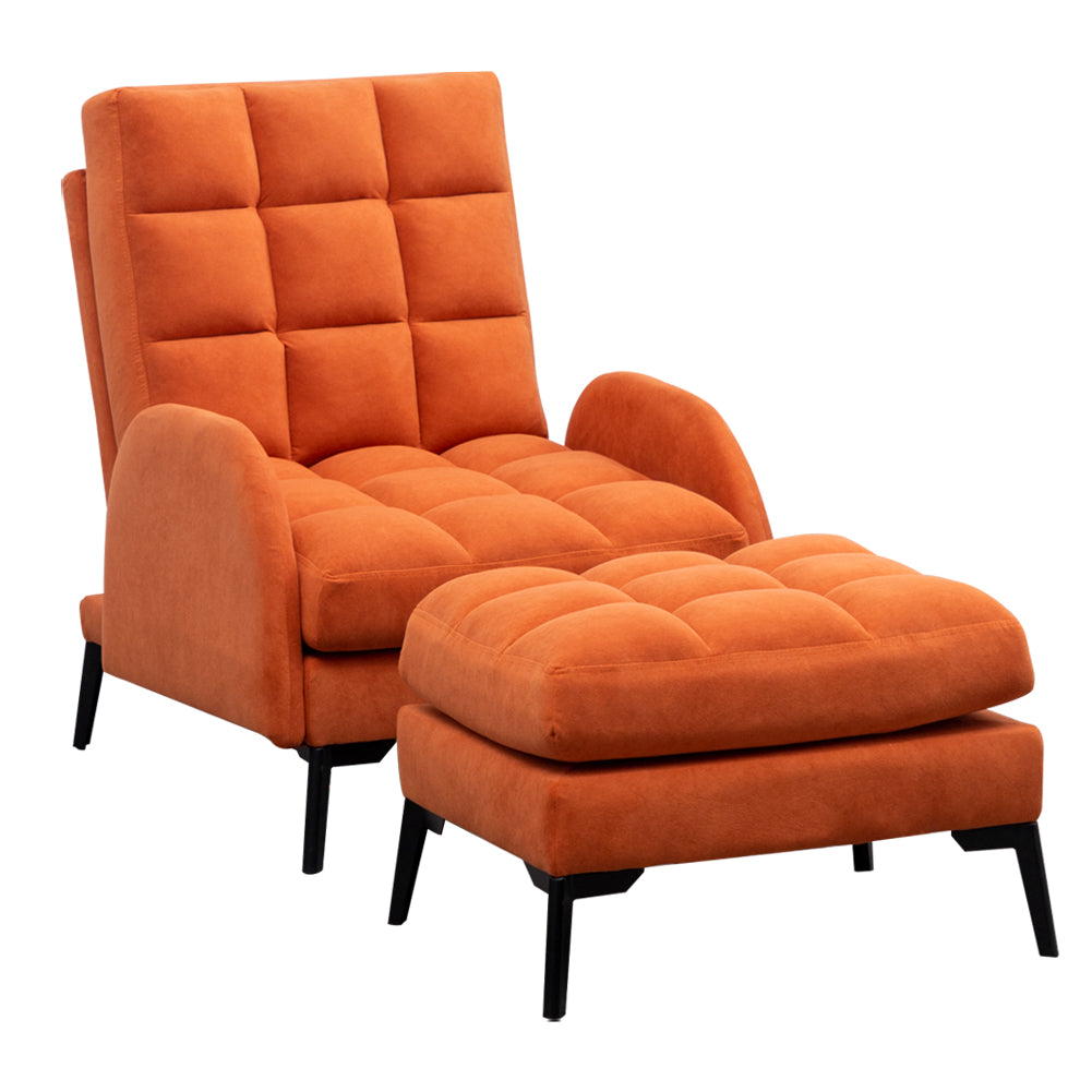 Frosted Velvet Armchair With Footstool Set– Adjustable 110°-180° Recline, Cozy Upholstered Chair With Metal Legs, Ergonomic Comfort | Orange