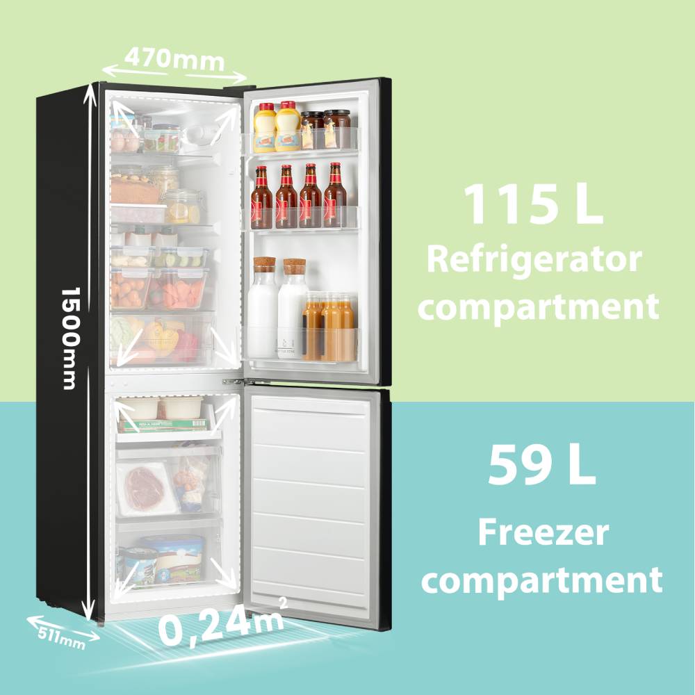 174l Freestanding Black Fridge Freezer– 115l Fresh Food & 59l Freezer, Low-frost, Reversible Door, Led Light