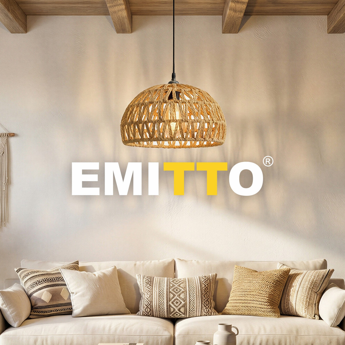 Emitto Rustic Ceiling Pendant Light Shade Hemp Rope Lamp Shade Boho Yellow 23cm