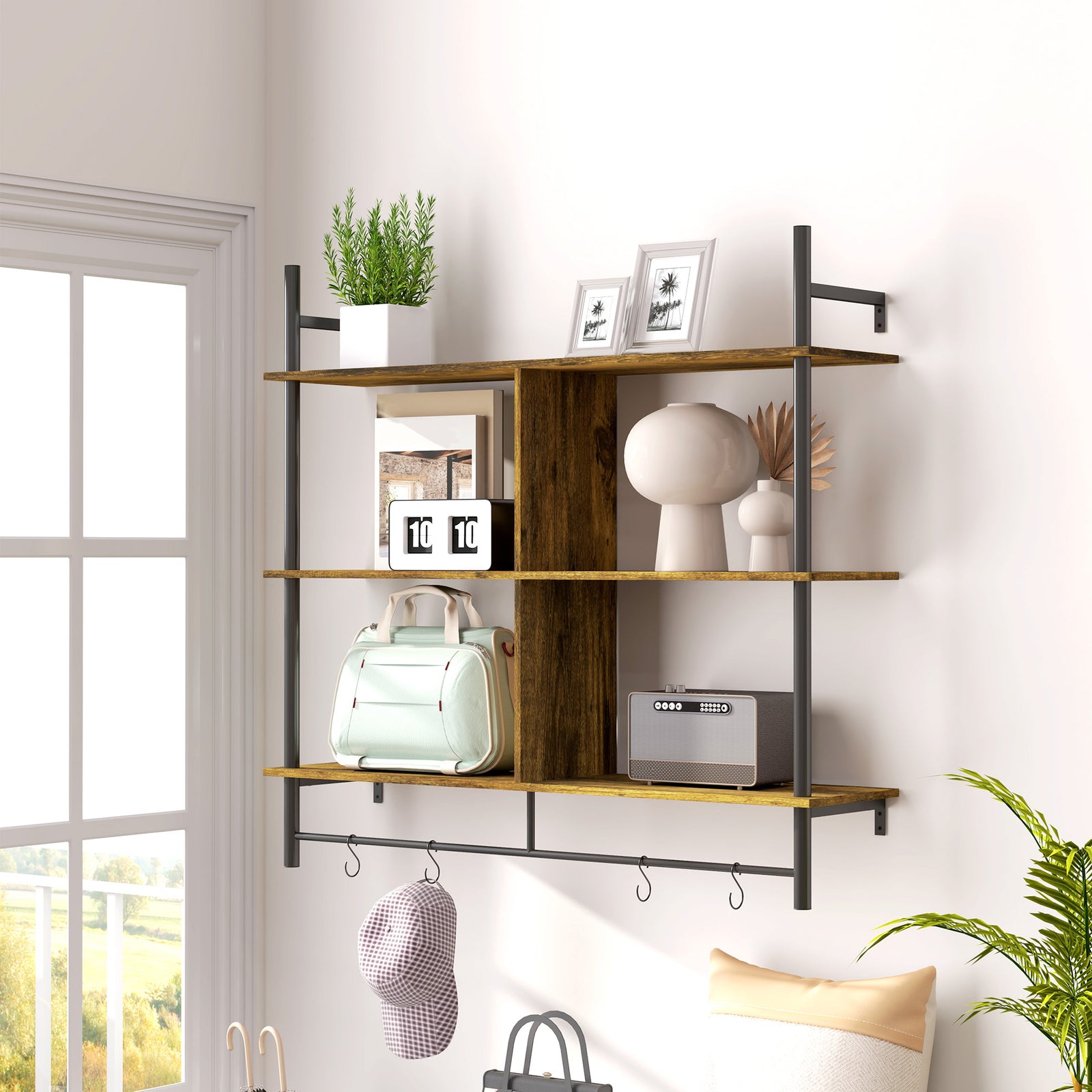 Wall Shelf Unit With 4 Hooks For Living Room | One Size | Brown