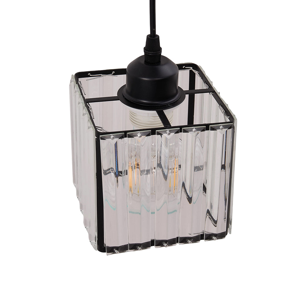 Modern 3-light Crystal Pendant Light Adjustable Linear Ceiling Fixture With Square Glass Shades | Black