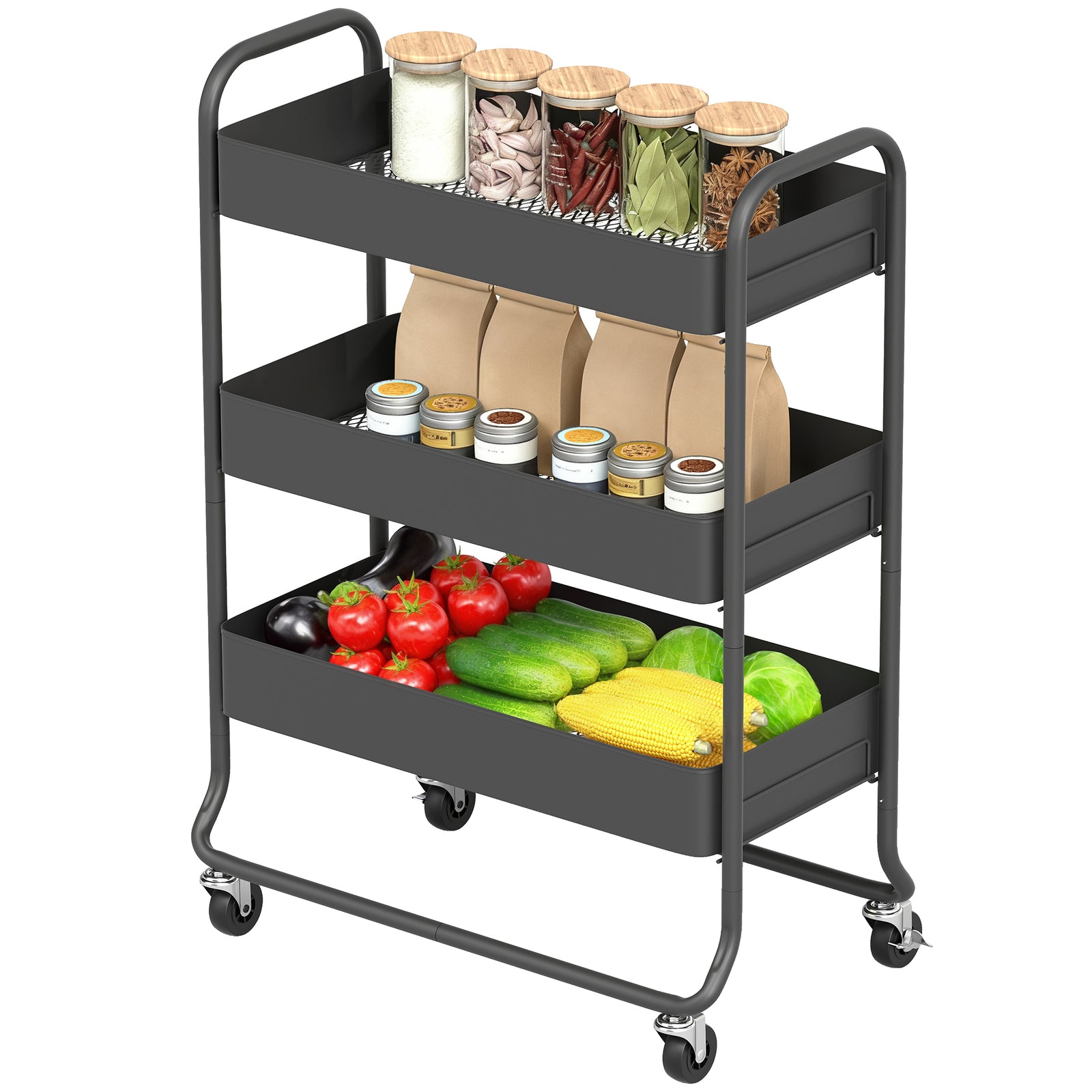 3-tier Storage Trolley, Storage Cart With Mesh Backets, Wheels | Black