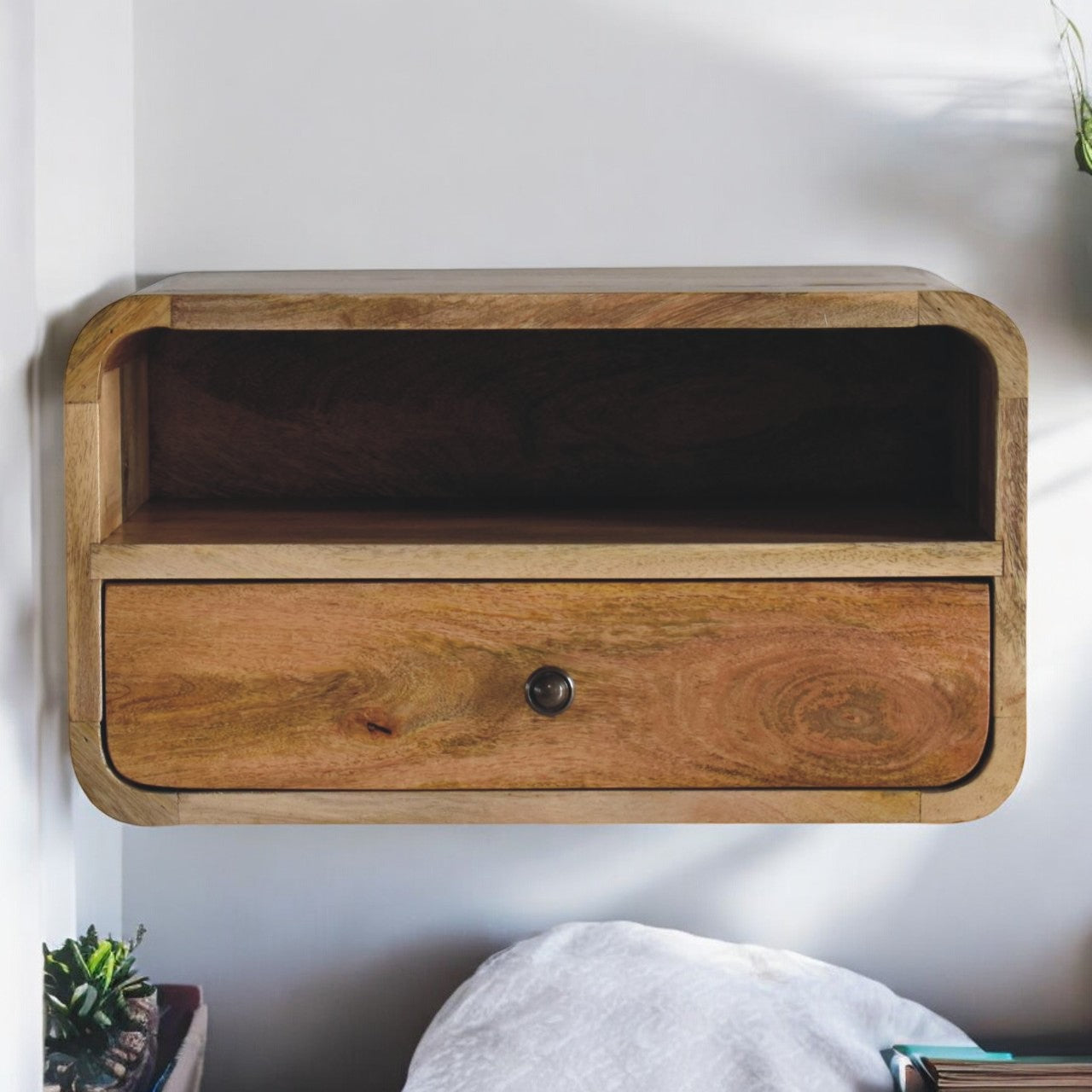 Solid Wood Large Oak-ish Curve Upper Slot Floating Bedside