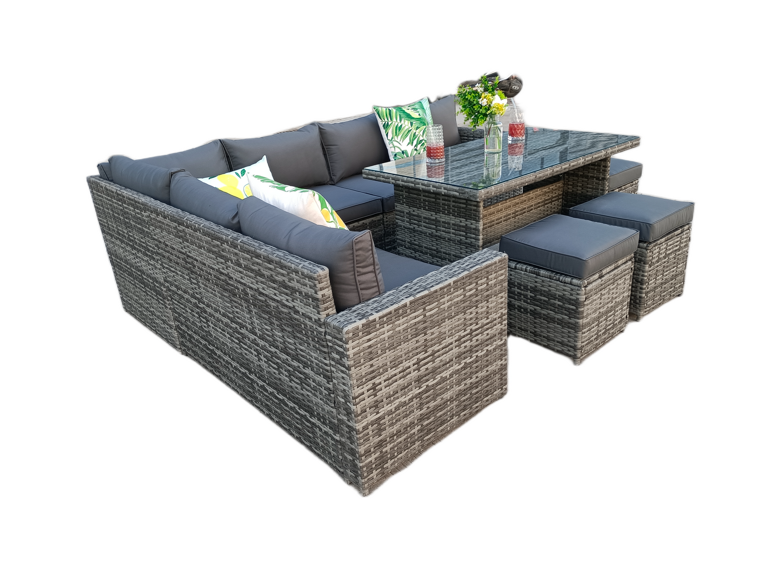 The Tarporley Grey 9 Seat Corner Rattan Dining Set - Fixed Table