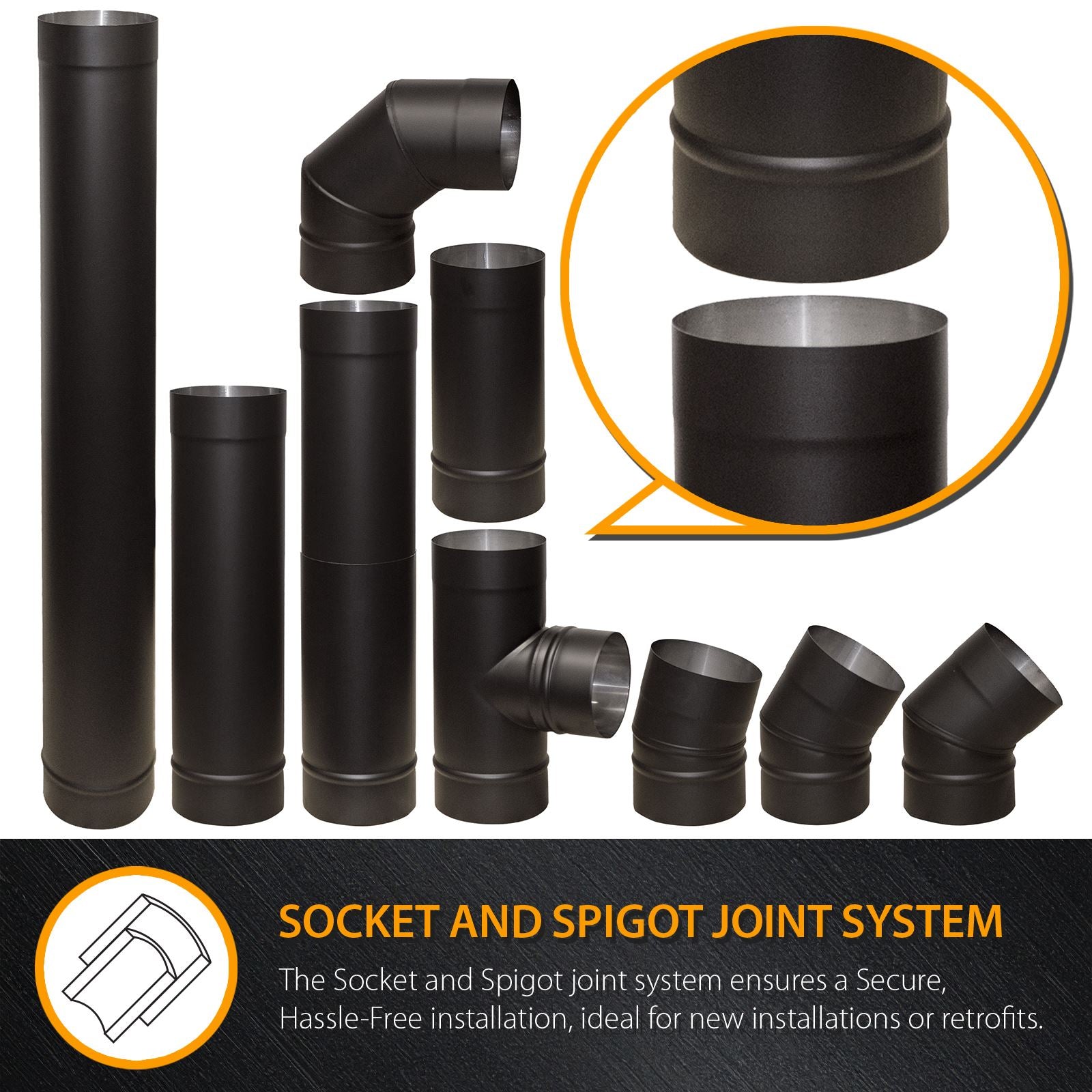 Flue Pipe Various Angled Elbow Bends for 5" inch (125mm) | 30 Degrees | Black