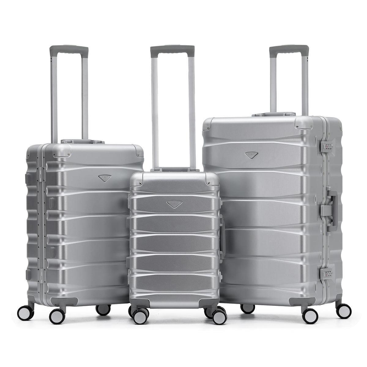 Set Of 3 Aluminium Frame/ABS Body Outer Cabin Carry & Check In Hold Luggage. Overhead Cabin Bag + Medium & Large Check-in Hold Suitcases | Set of 3 | Silver