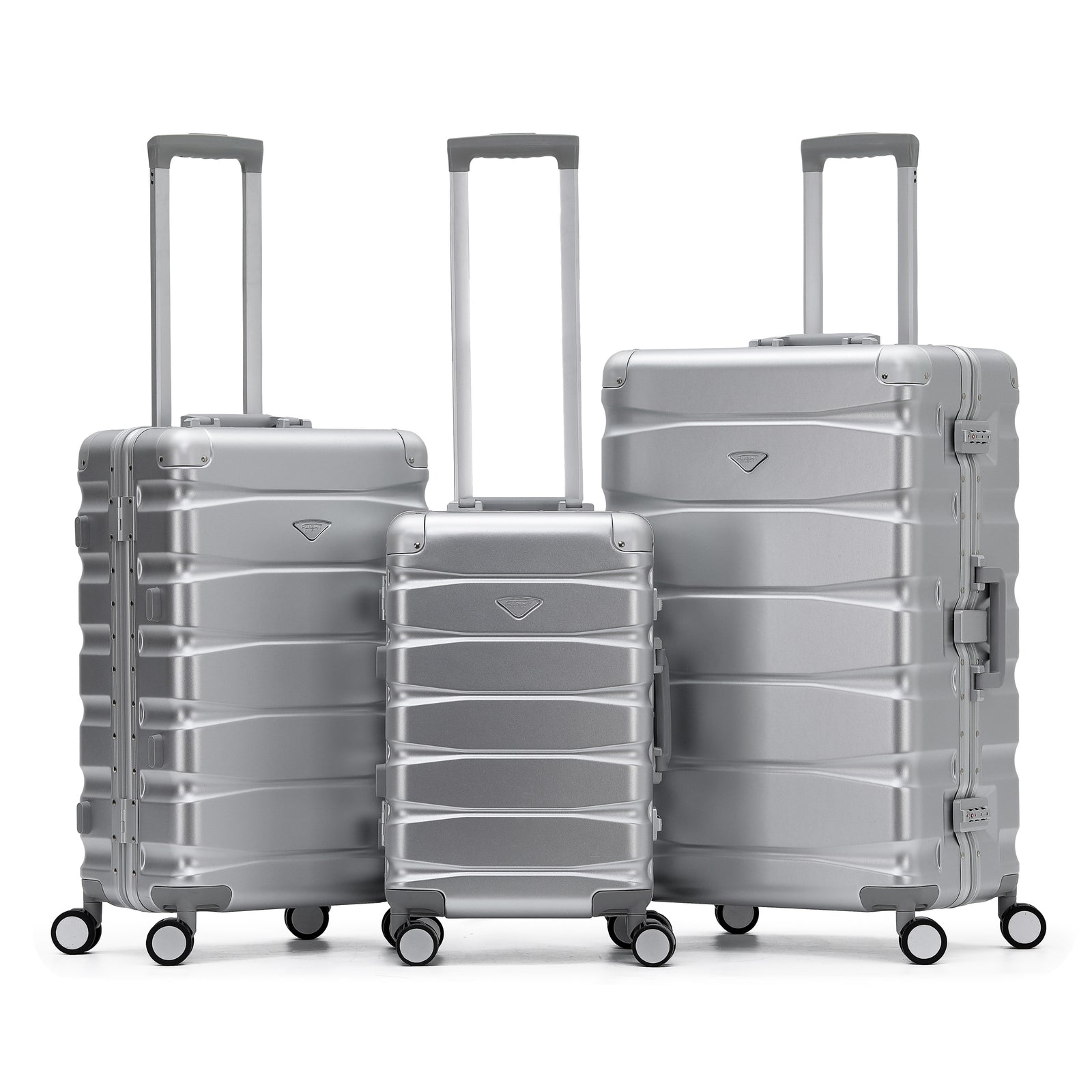 Set Of 3 Aluminium Frame/ABS Body Outer Cabin Carry & Check In Hold Luggage. Overhead Cabin Bag + Medium & Large Check-in Hold Suitcases | Set-of-3 | Silver