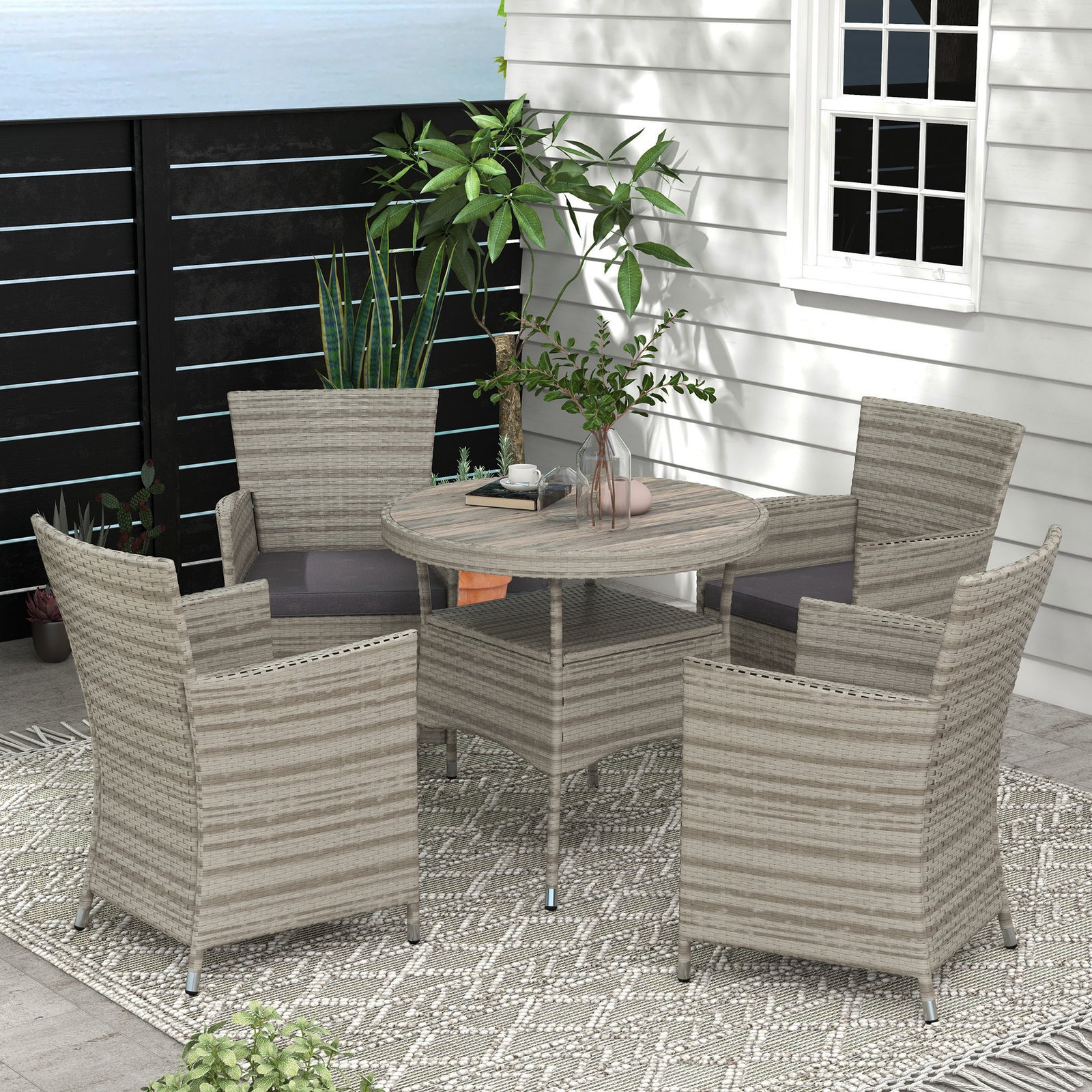 Outsunny 4 Seater Rattan Dining Set With Cushions, Double Layer Table
