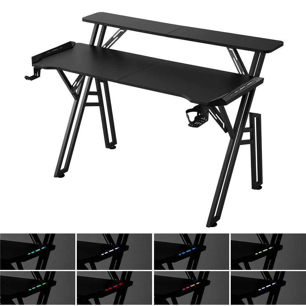 2-tier Gaming Desk With Mouse Pad, Cup Holder & Headphone Hook Sturdy Computer Table With Rgb Led Lights, App & Remote Control 120/140/160cm W | Medium
