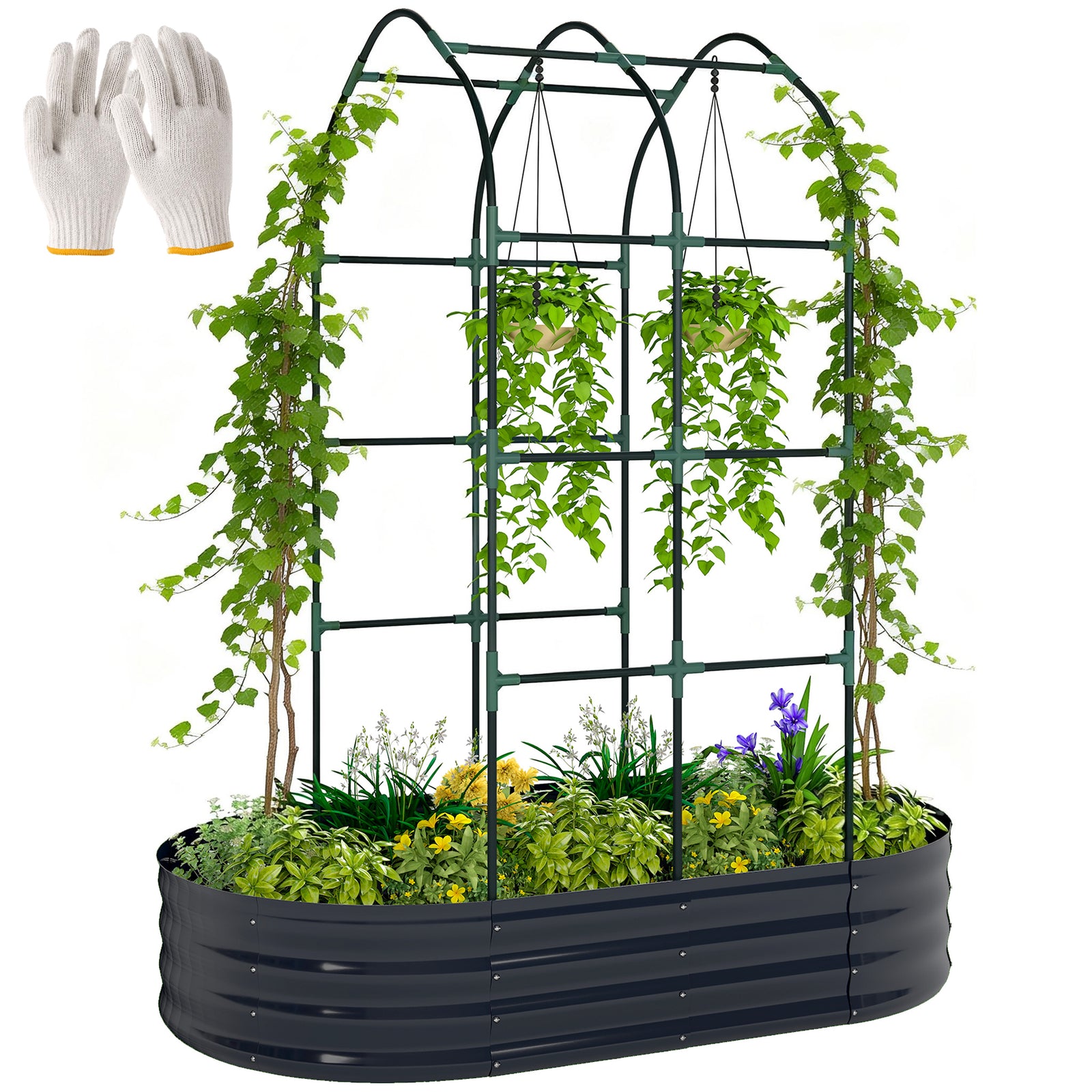 5 X 3 X 6ft Galvanised Raised Garden Bed With Trellis | Dark Grey