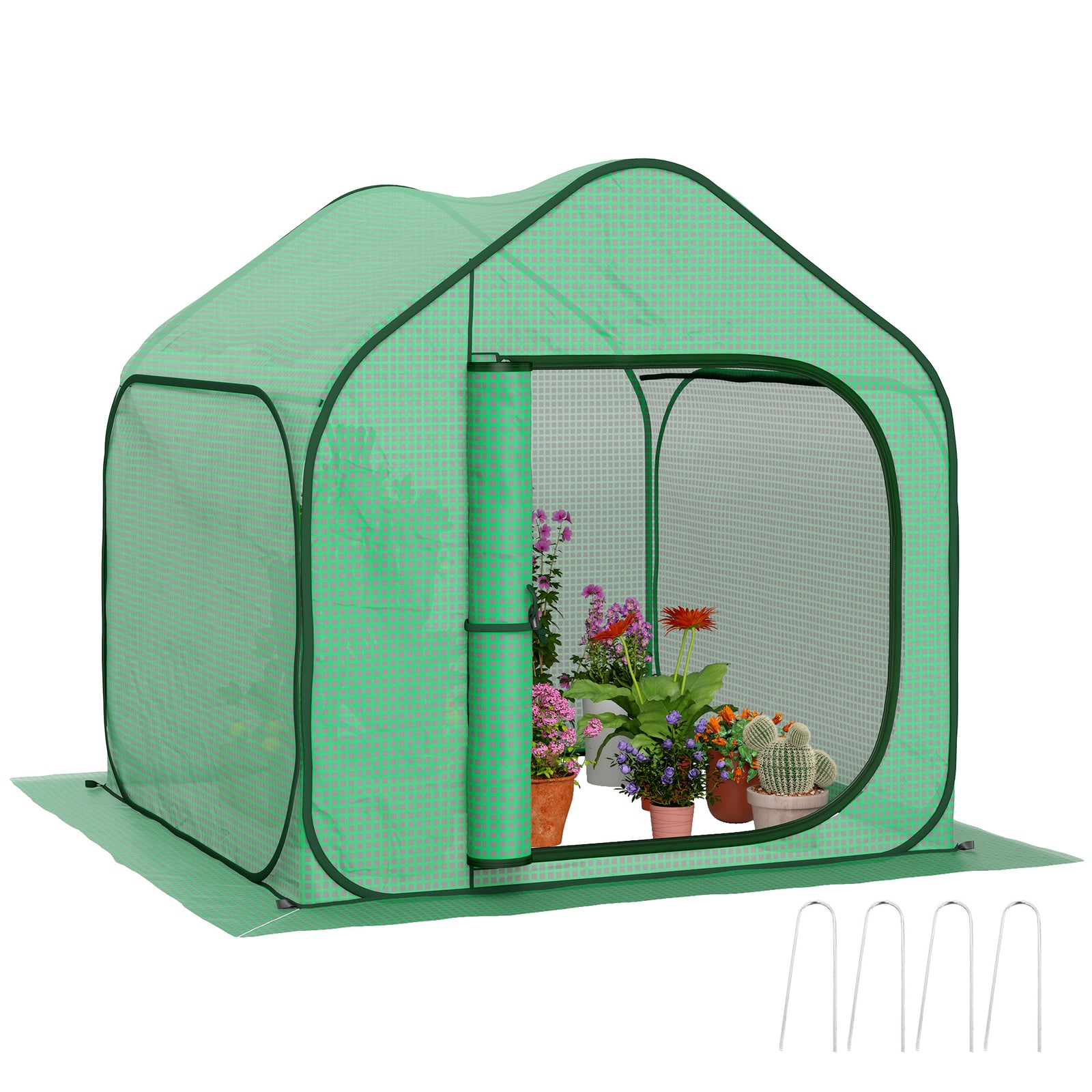 Mini Pop Up Greenhouse W/ Reinforced Pe Cover, Zipper Door | Green