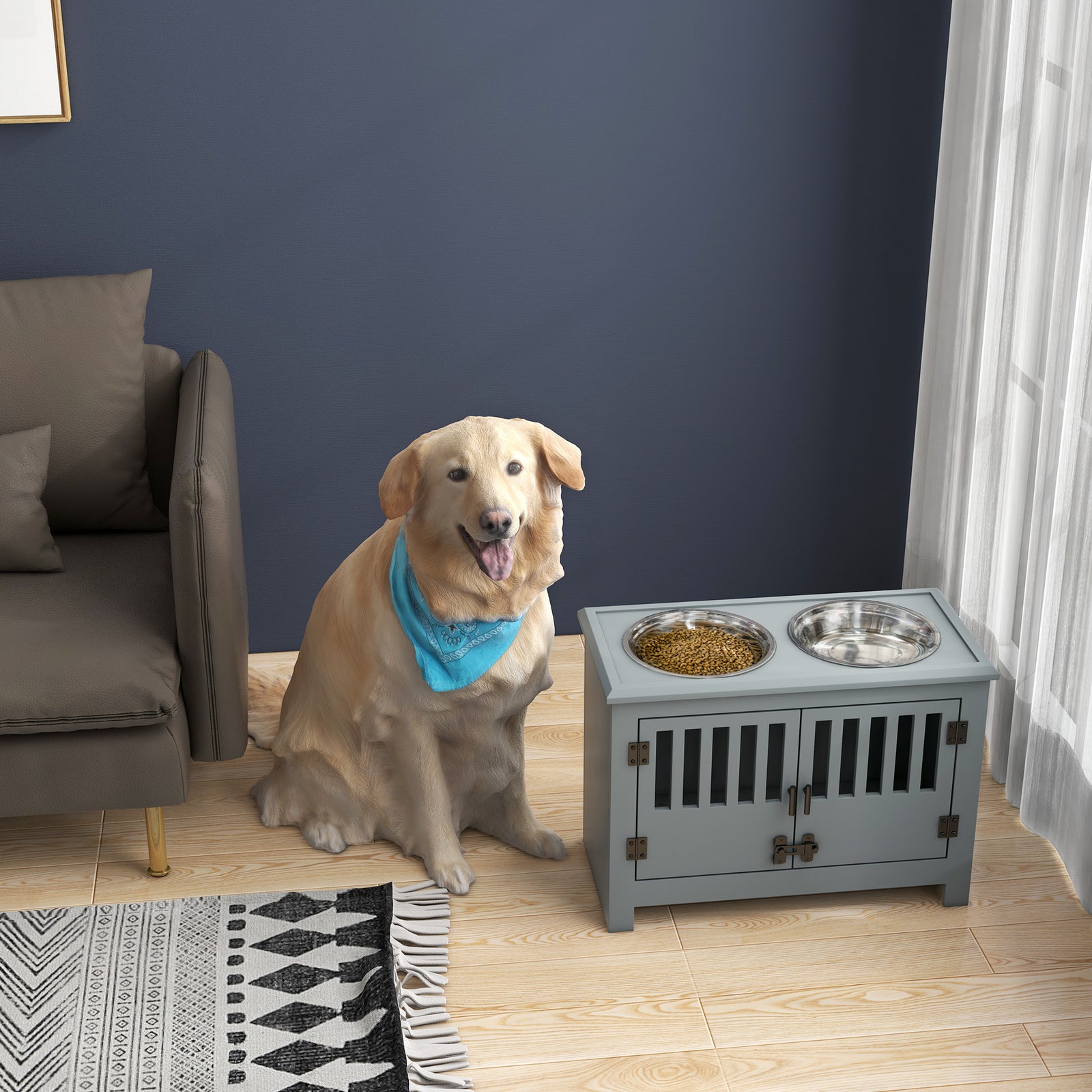 Raised Dog Bowls For Large Dogs Feeding Station W/ Stand, Storage | Gray