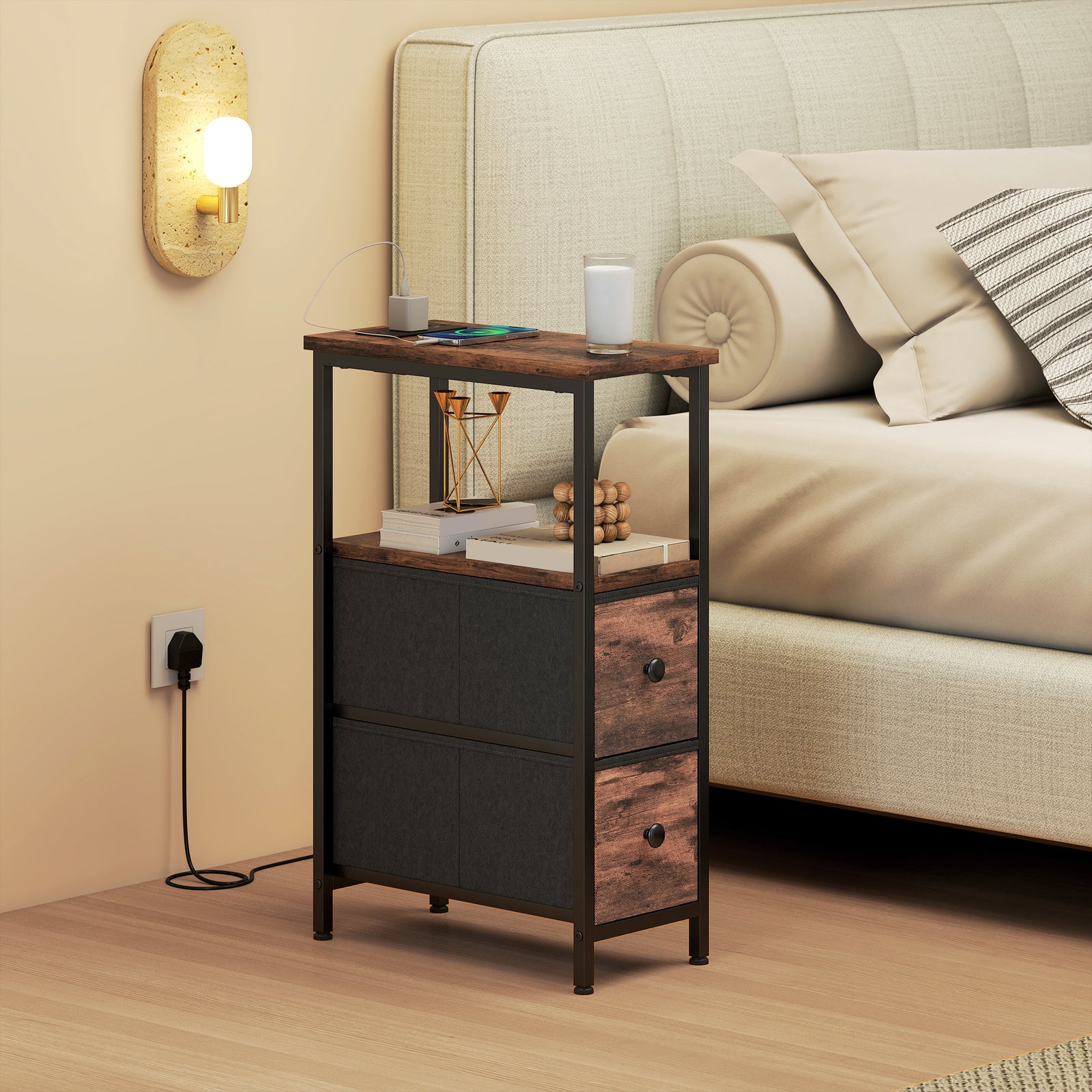 HOMCOM Side Table, Narrow Bedside Table With Charging Station, 2 Drawers