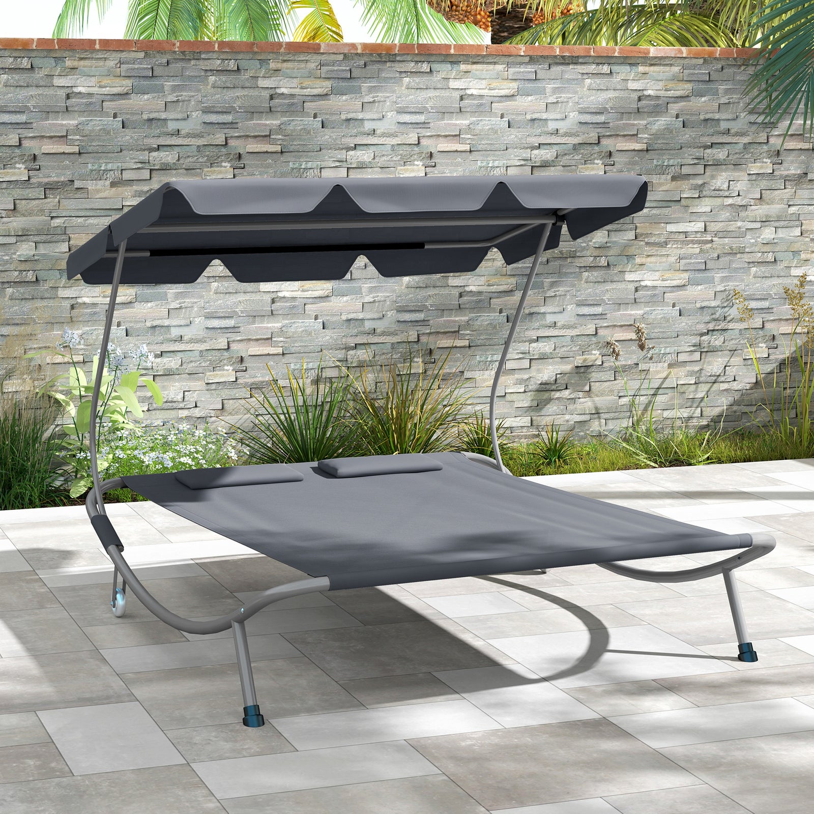 Garden Double Hammock Sun Lounger Day Bed Canopy 2 Pillows