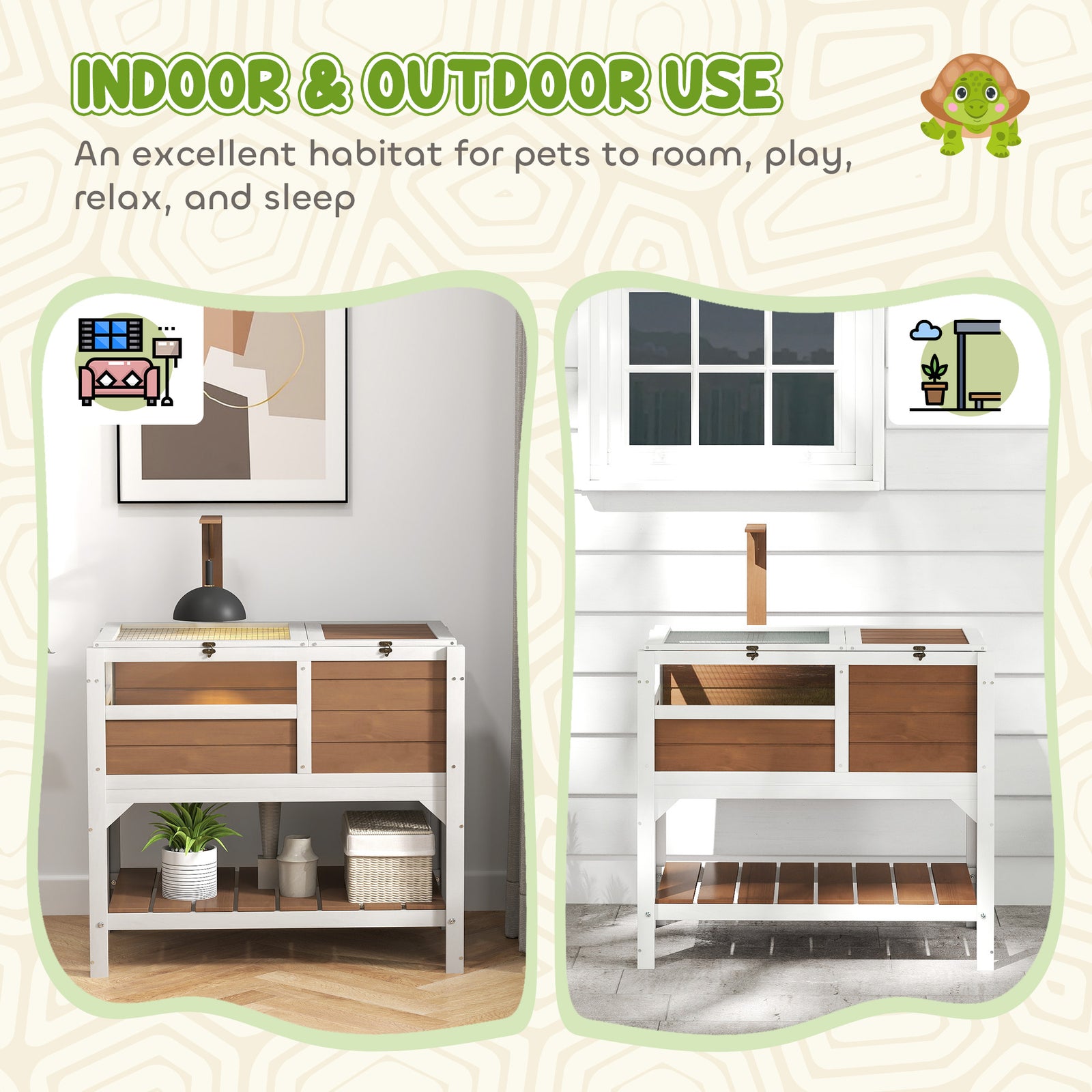 Wooden Tortoise House W/ Run, Shelter, Shelf, Lamp Holder