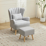 Modern Wingback Accent Chair Armchair With Footstool And Lumbar Pillow | Light Grey