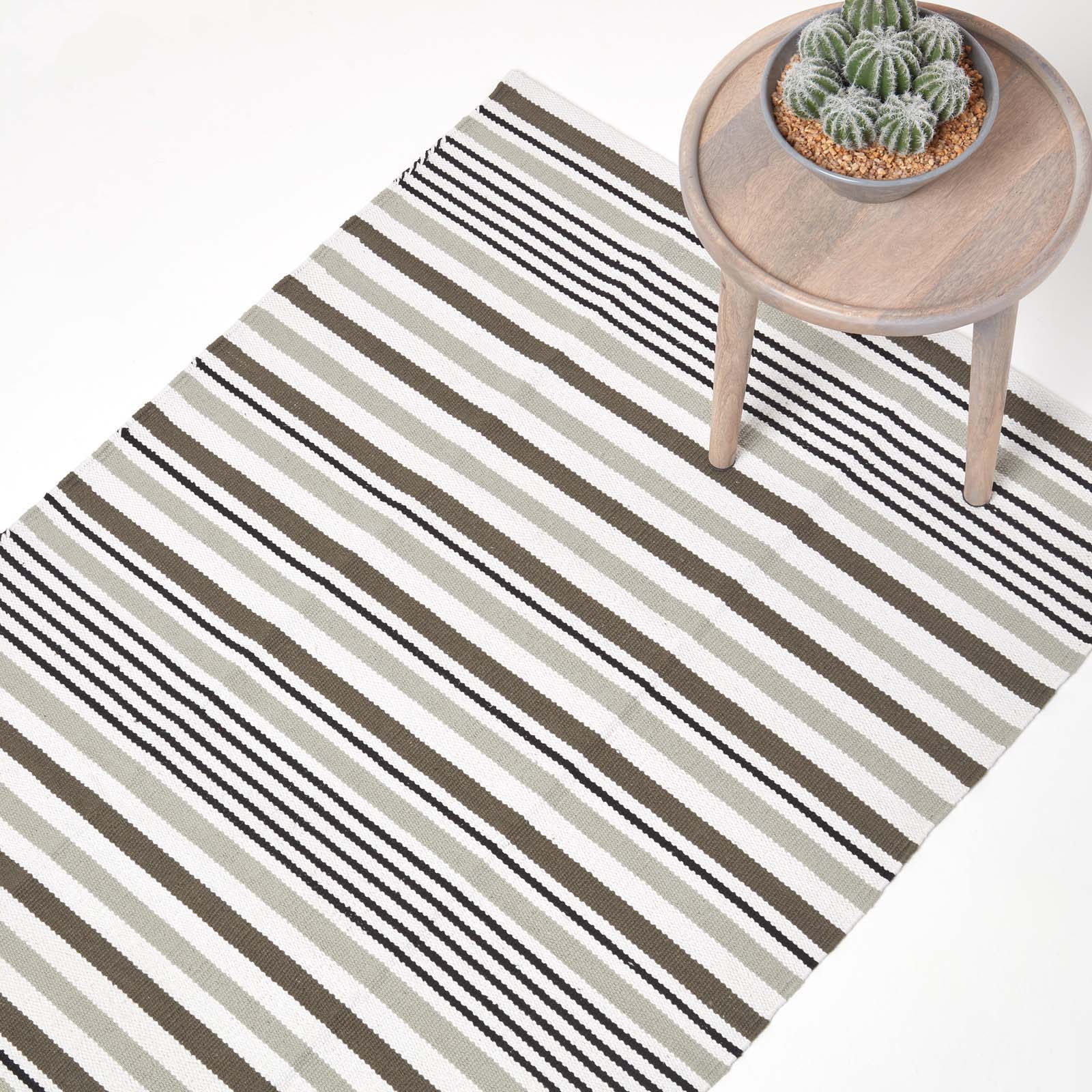 Modern Blue Scandinavian Style Striped Cotton Rug | 60cm x 100cm | Black & Grey