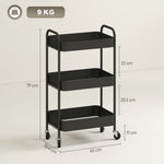 3 Tier Rolling Utility Cart With 3 Mesh Basket | One Size | Black