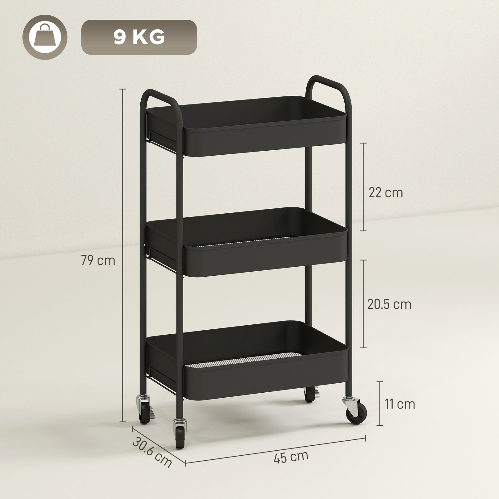 3 Tier Rolling Utility Cart With 3 Mesh Basket | One Size | Black
