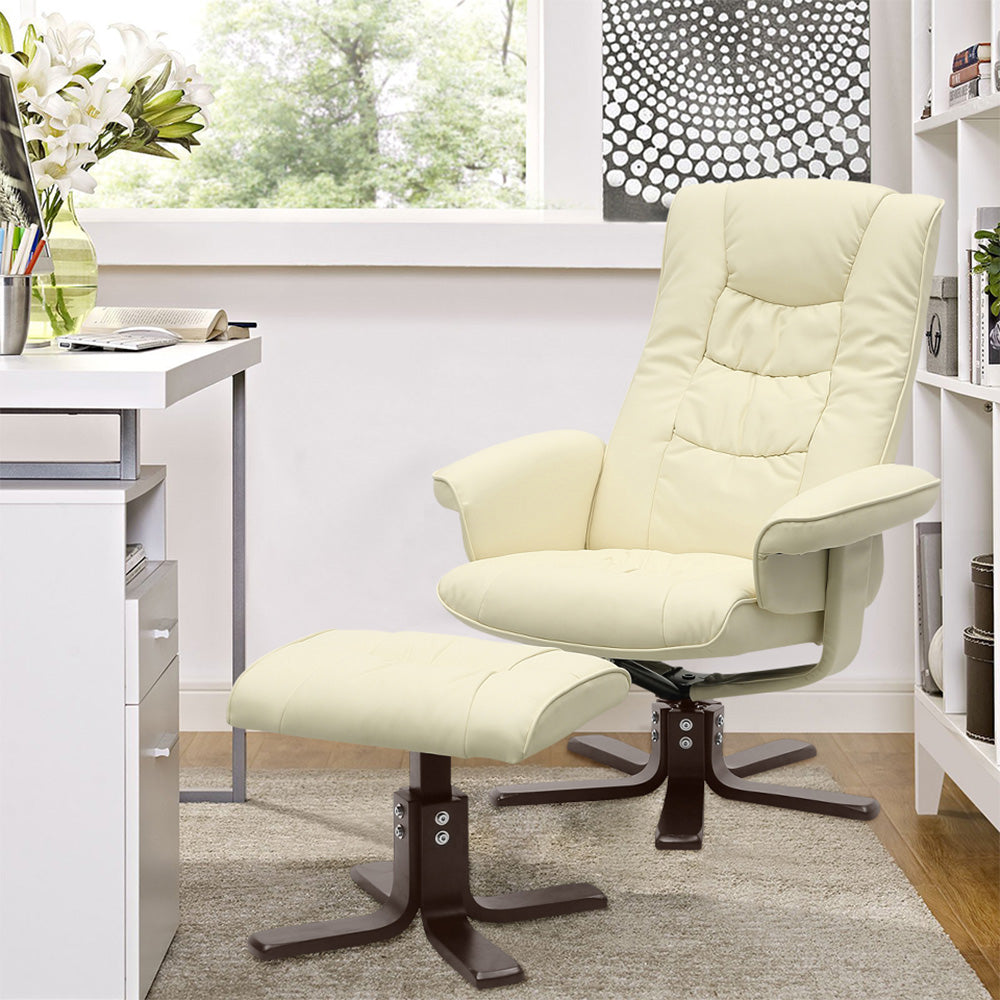 Upholstered Swivel Recliner Chair With Footstool | Beige