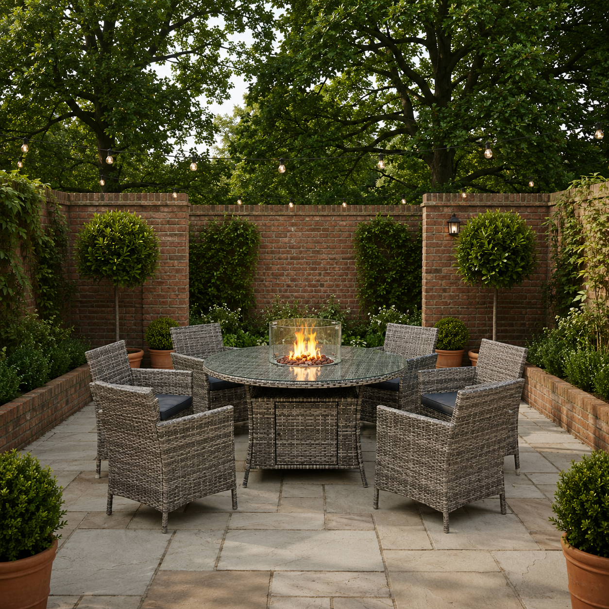 Amazon Rattan Fire Pit Dining Set - Round Table With Chairs | 6 Chairs | Grey