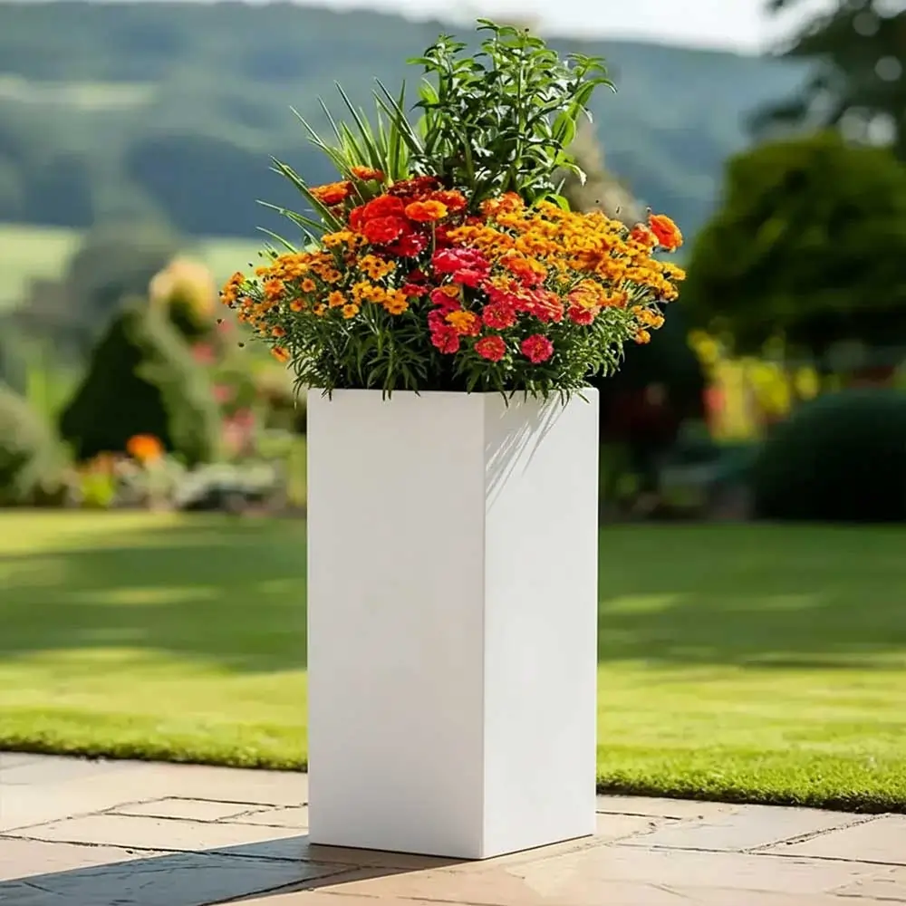 Zinc Galvanised Tall Square Planter | 32cm x 32cm x 75cm | White