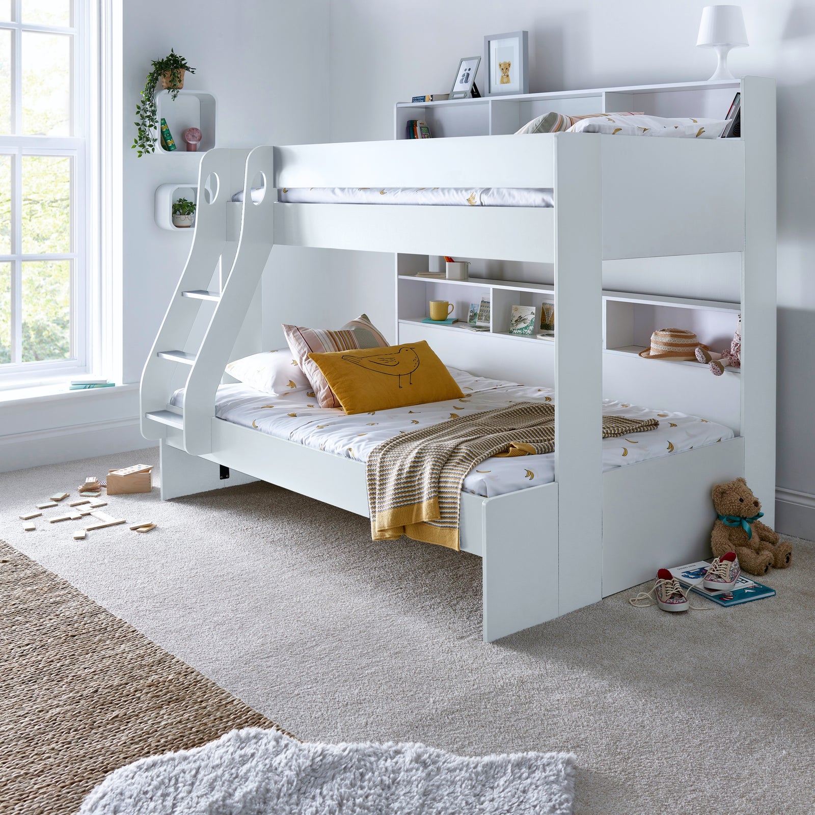 Oliver Triple Sleeper Storage Bunk Bed With Drawer With Memory Foam Mattresses | Small Double | White