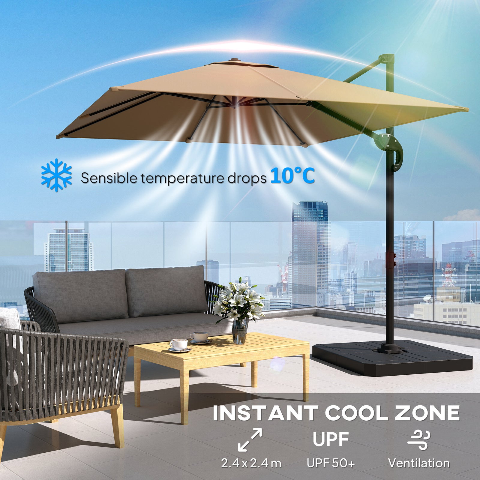 2.4 X 2.4 M Cantilever Parasol W/ Umbrella Weights | Khaki