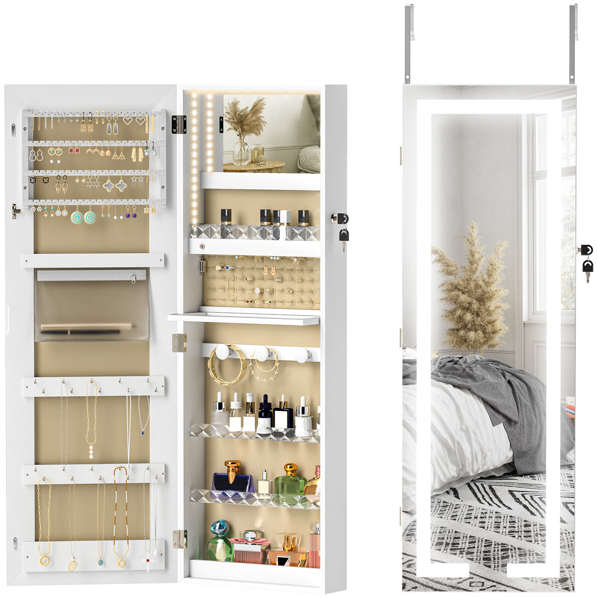 HOMCOM Led Mirror Jewellery Cabinet, Full Length Mirror With Storage, White