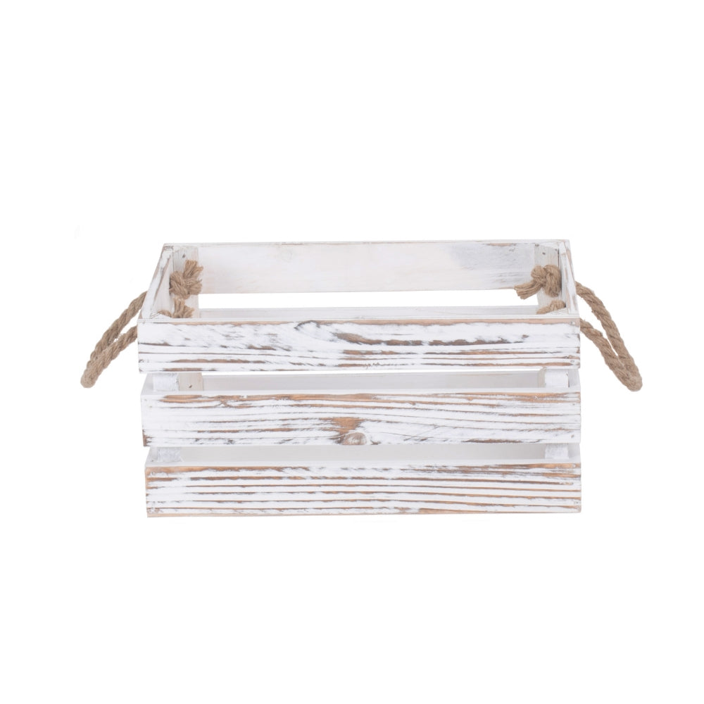 Distressed White Rope Handled Wooden Crate | Small | White