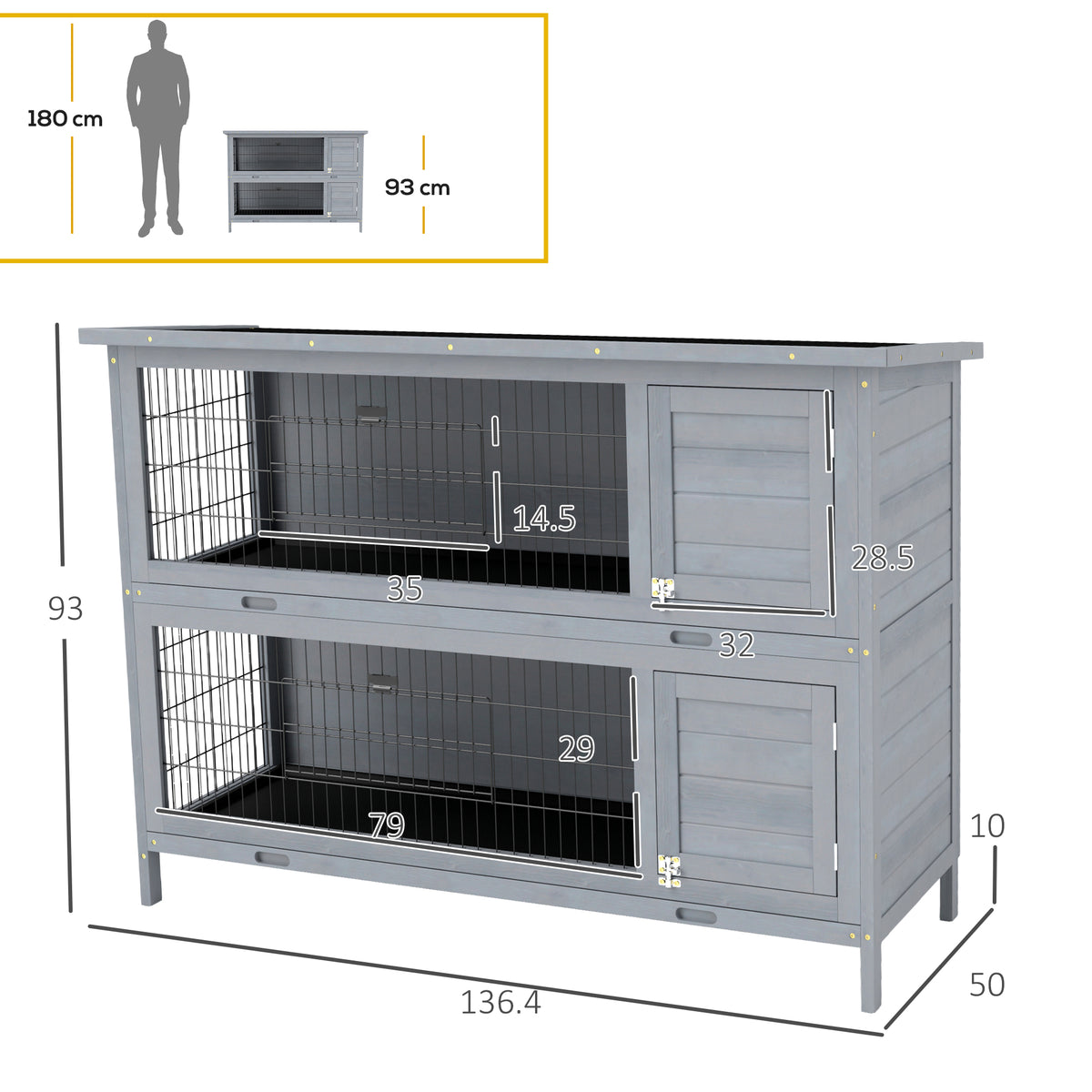 Rabbit Hutch For Two Rabbits Outdoor Guinea Pig Cage W/ Removable Trays, Grey