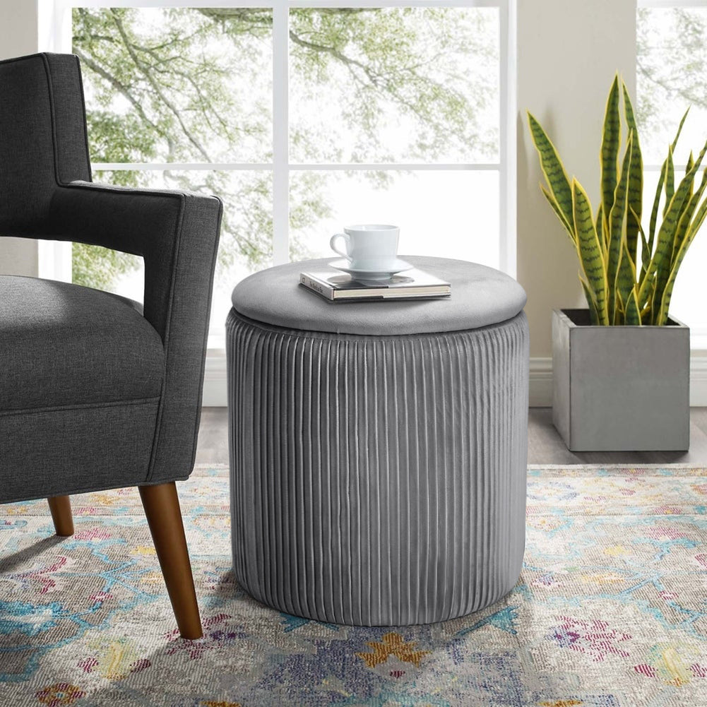 Modern Pleated Storage Ottoman – Lift-up Lid Footstool, Footrest & Storage 38cm Dia X 38cm H