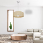 Marshall Hand Made Designer Pendant Lamp In Matt White Metal And Natural Rattan Coloured Fabric