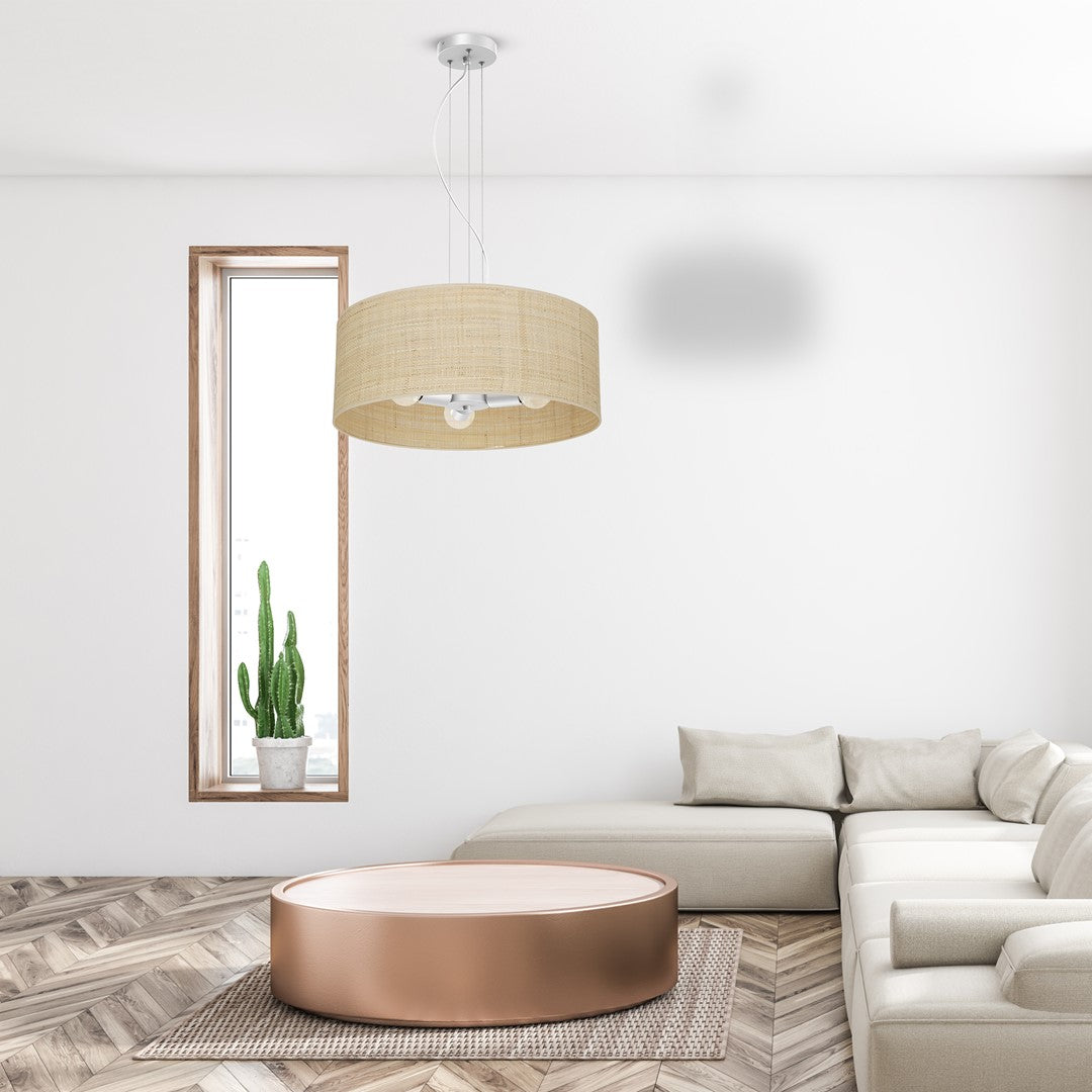 Marshall Hand Made Designer Pendant Lamp In Matt White Metal And Natural Rattan Coloured Fabric