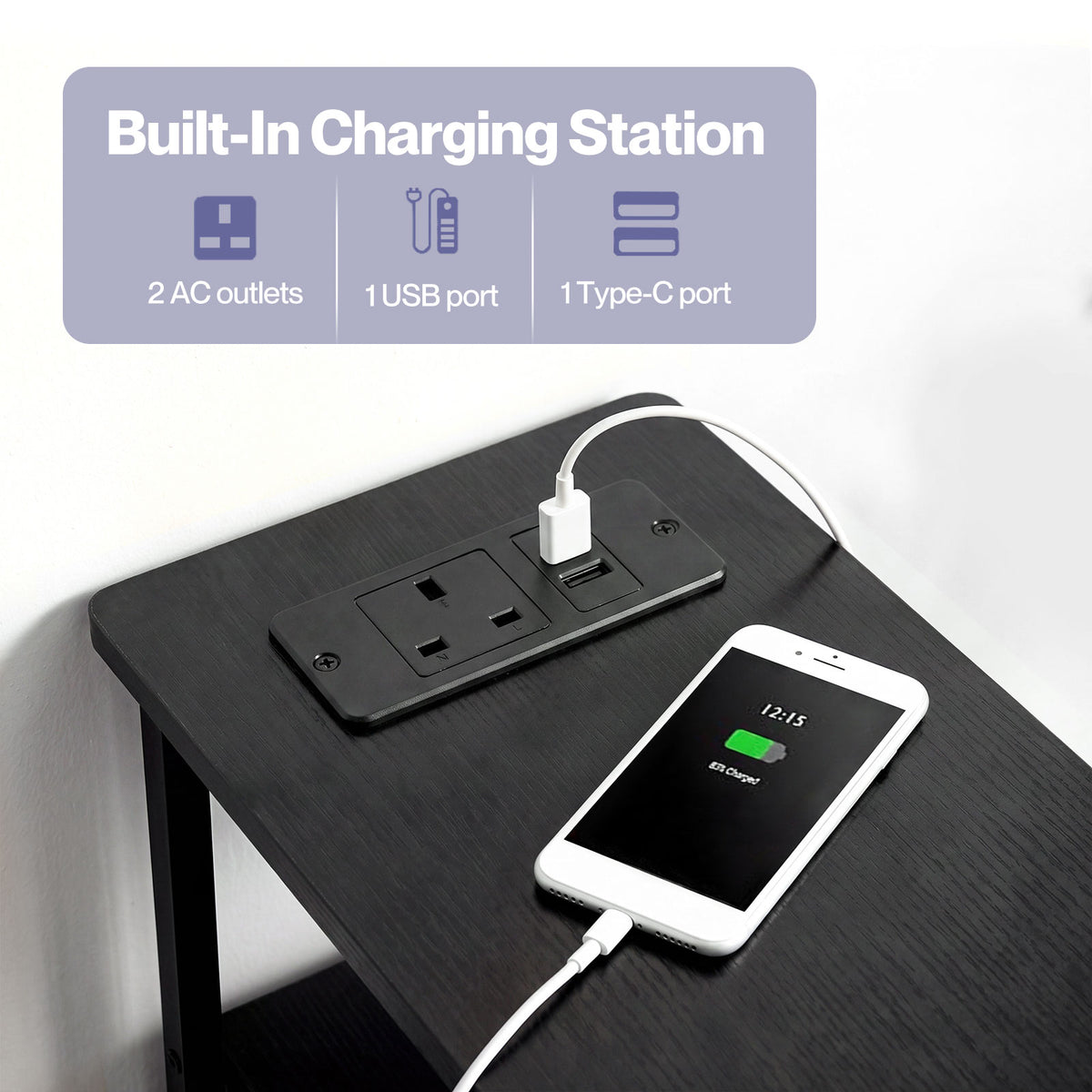 Bedside Table Narrow Side Table With Led Charging Station Storage Black | Black